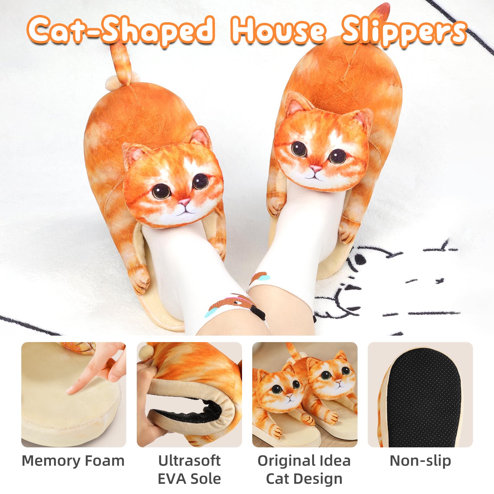 Funny Cat Slippers for Women,Fuzzy Animal Indoor House Shoes with Soft Memory Foam,Comfy Plush Warm Slip-on Slippers,Cat Gifts for Cat Lover
