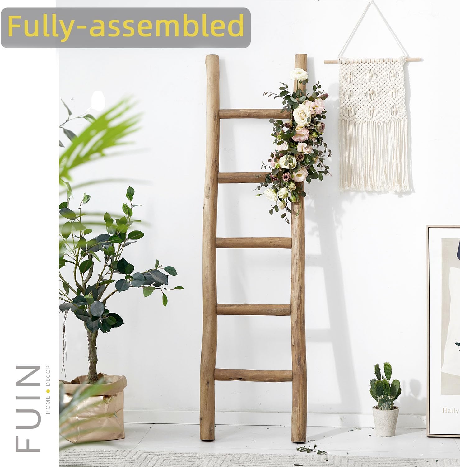 FUIN 57in Wood Blanket Ladder Living Room Decorative Wall Leaning Farmhouse Quilt Display Holder Rustic Wooden Towel Rack for Bathroom, Black