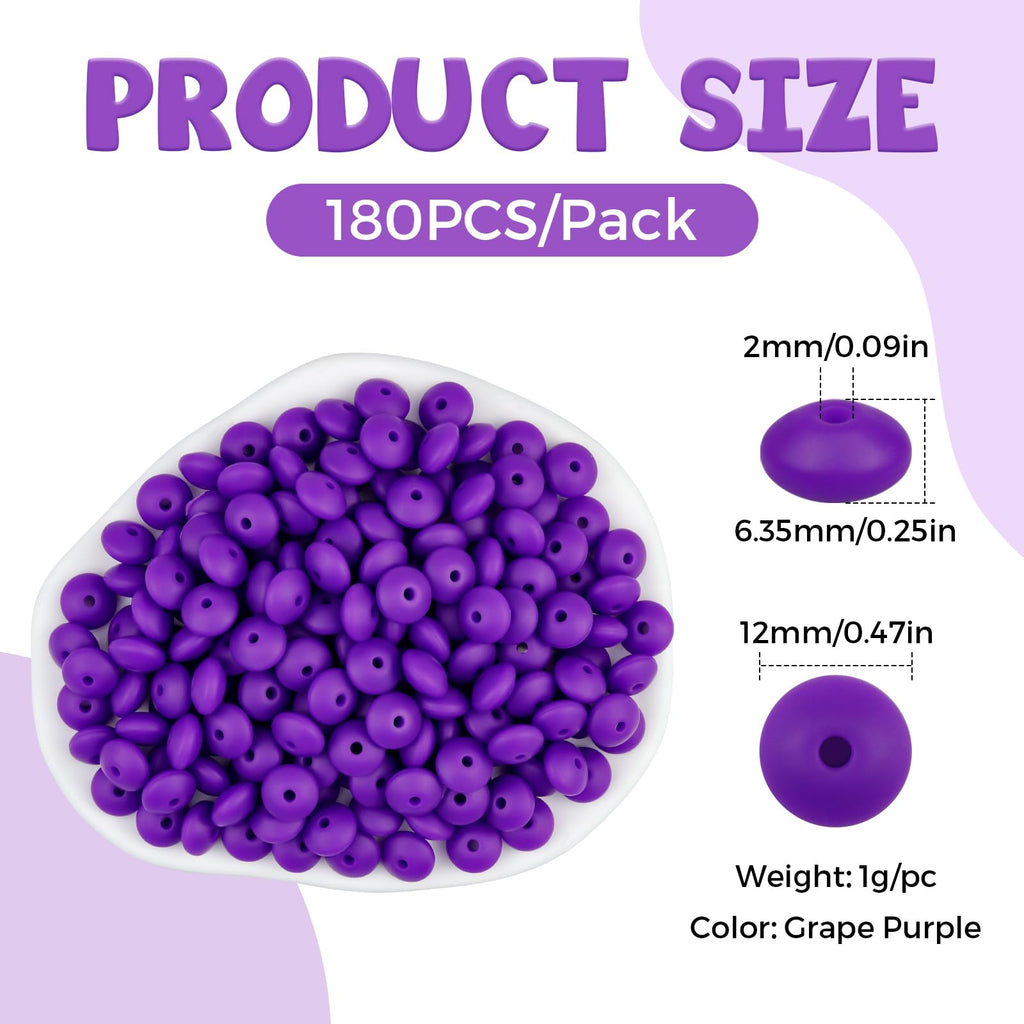 FIVEIZERO 180PCS Silicone Lentil Beads,12mm Spacer Beads | Flexible Silicone, 2mm Hole Design, Easy to Thread, Fade Resistant, Easy to Clean
