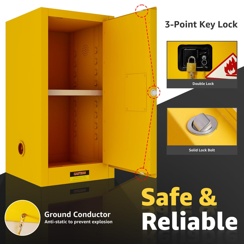 16 Gallon Flammable Storage Cabinet 18"x18"x23", Galvanized Steel, Flammable Safety Cabinet with Adjustable Shelf, for Industrial and Home Use, Yellow