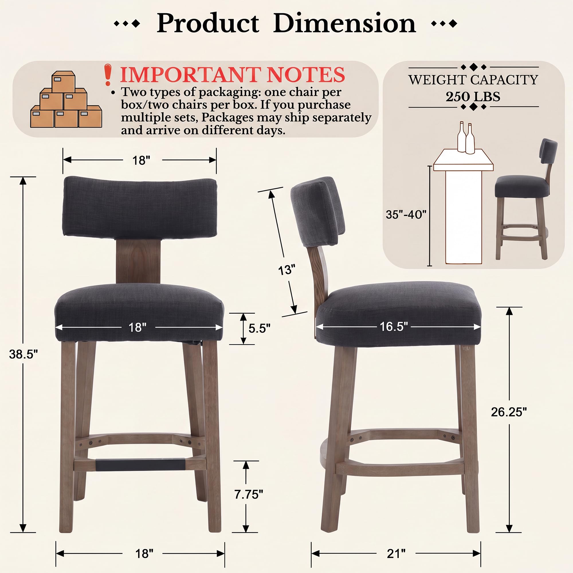 Farmhouse 30'' Extra Tall Bar Stools Set of 2 Modern Counter Height Barstools with Backs Rustic Wood Bar Stools Linen Upholstered Counter Chairs Kitchen Island Stool Chairs with Wood Frame, Beige