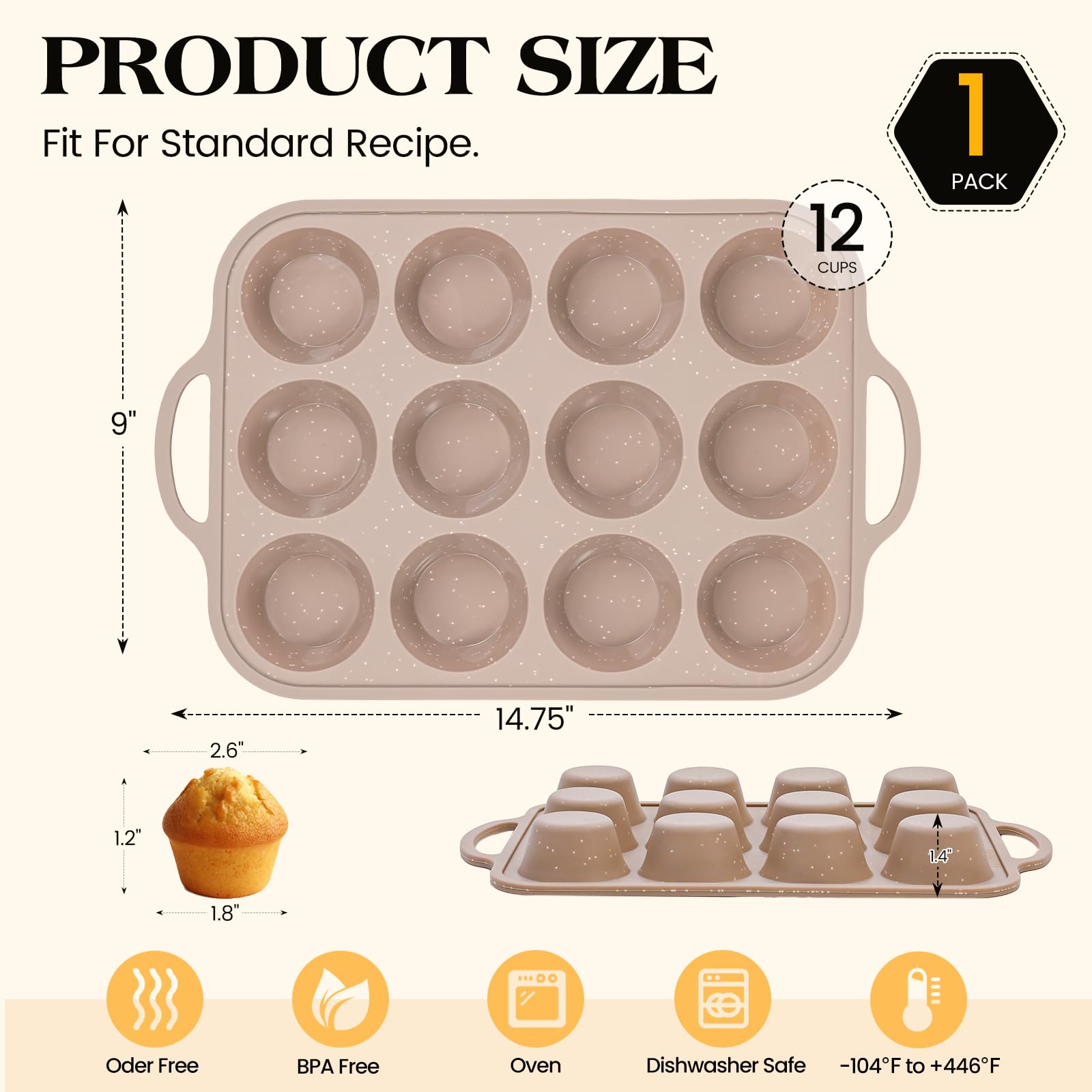Vinino Silicone Muffin Pans for Baking with Metal Reinforced Frame, 12 Cups Regular Size Nonstick Brown Silicone Cupcake Pan, BPA Free Oven Dishwasher Safe Baking Mold for Muffins Cupcakes
