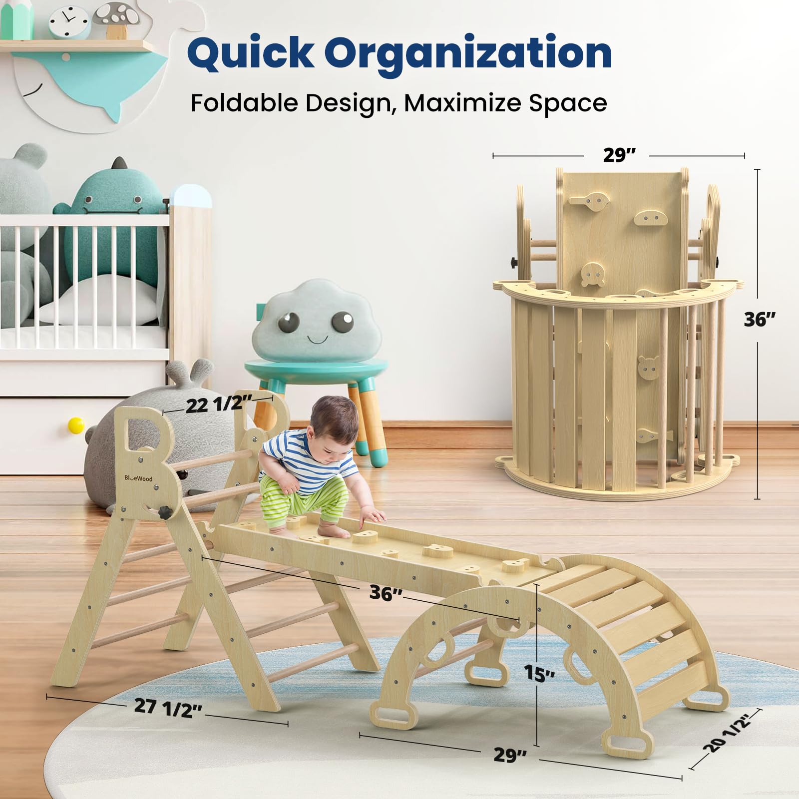 BlueWood Pikler Triangle Set with Safe Handle, Foldable 7-in-1 Montessori Toddler Climbing Toys Indoor, Wooden Pickler Climbing Set, Baby Jungle Gym & Playground, Climbing Toys for 1-3 Year, Colorful