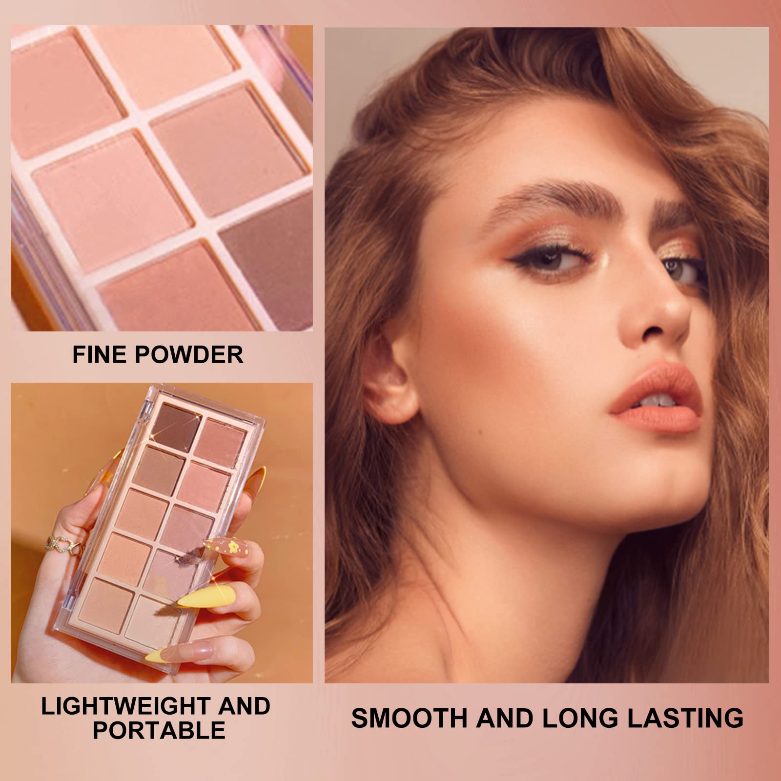 Erinde 10 Colors Eyeshadow Palette Makeup - Matte Shimmer Glitter Eye Shadow Korean Makeup, Ultra-Blendable, High Pigmented, Natural-Looking, Peach Brown Eyeshadow Pallet with Brush, Peach Color