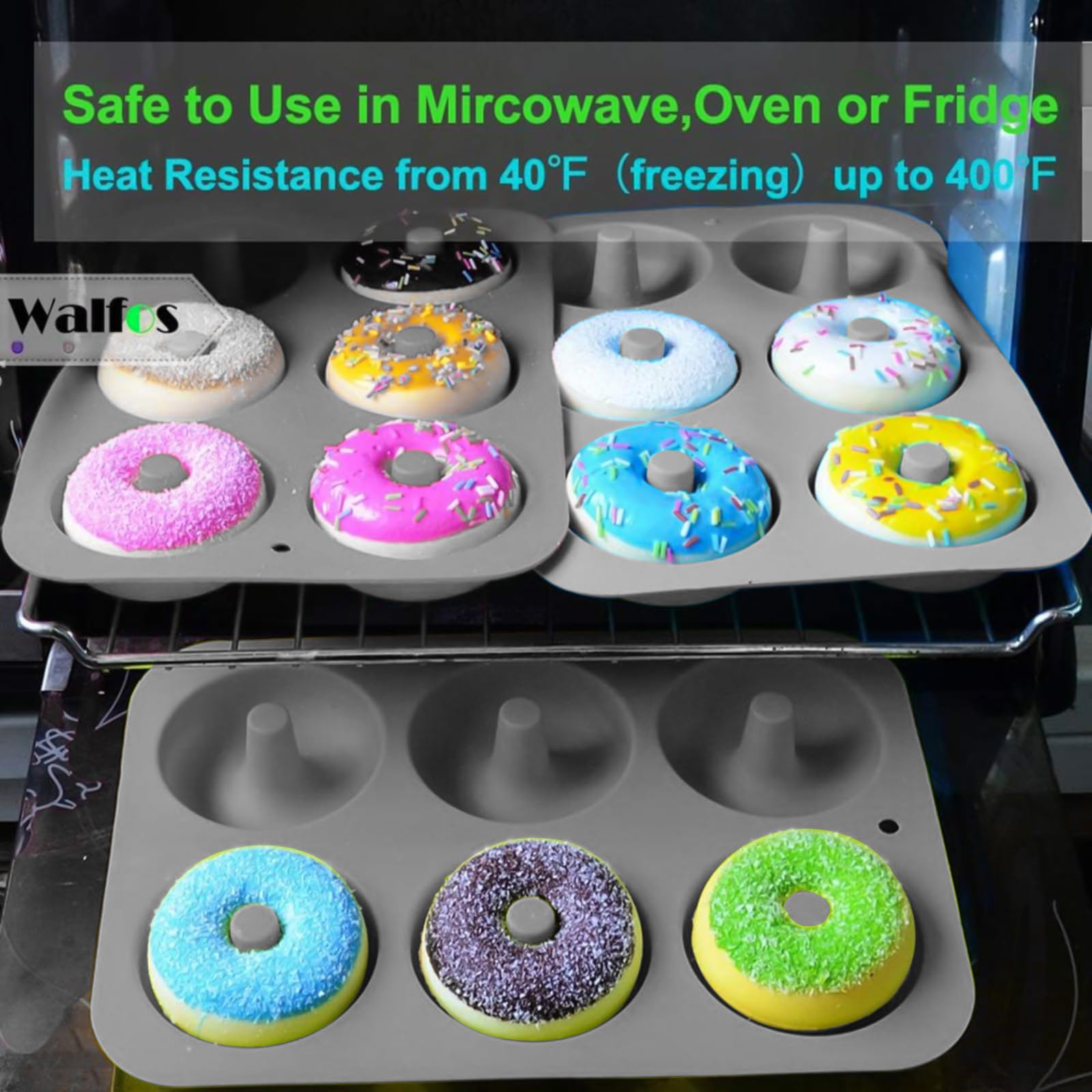 Walfos Donut Pan for Baking - Non-Stick Silicone Doughnut Pan Set, Silicone Donut Mold Heat Resistant, Make Perfect Donut Cake Biscuit Bagels, BPA FREE and Dishwasher Safe, Set of 3