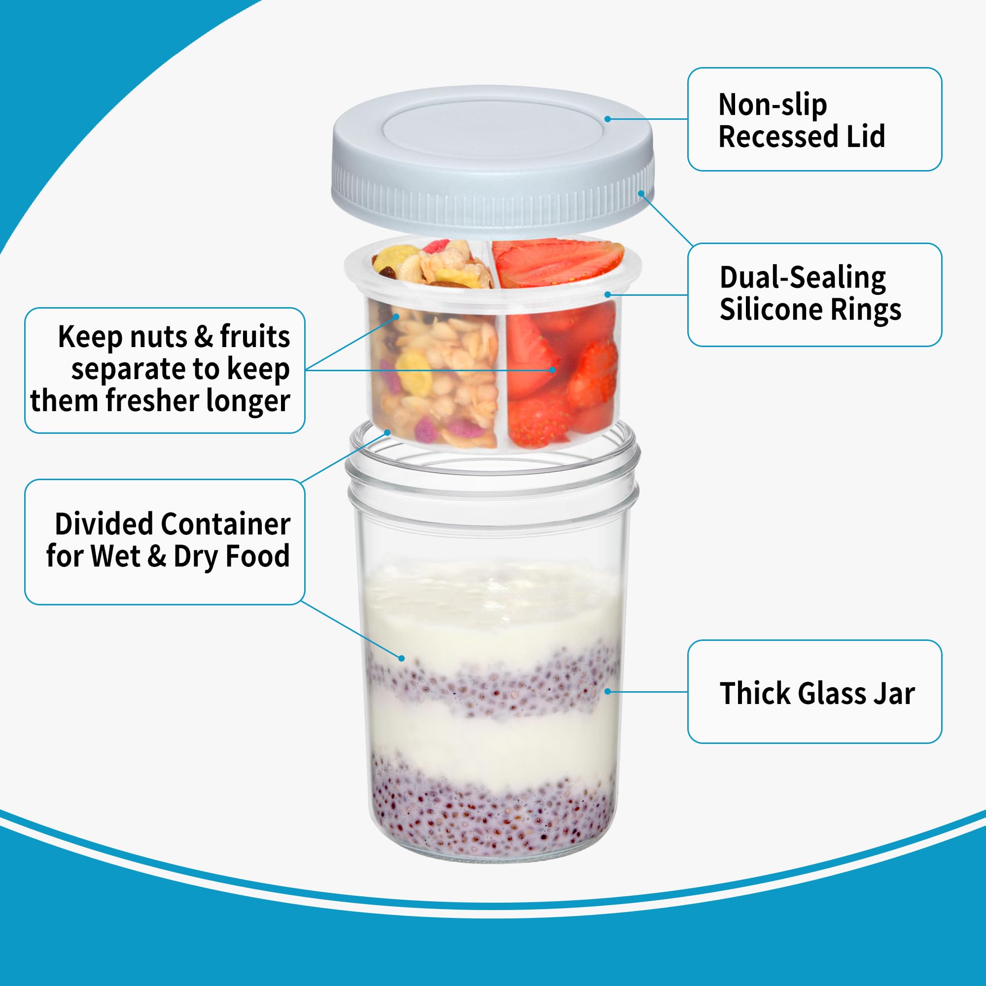 Xyptorix 16 oz Overnight Oats Containers with Airtight Lids - 2-Pack Leak-Proof Wide Mouth Mason Jars & Divided Cups for Dried and Wet Foods, Glass Jars for Chia Pudding, Salad, Snacks, and Yogurt