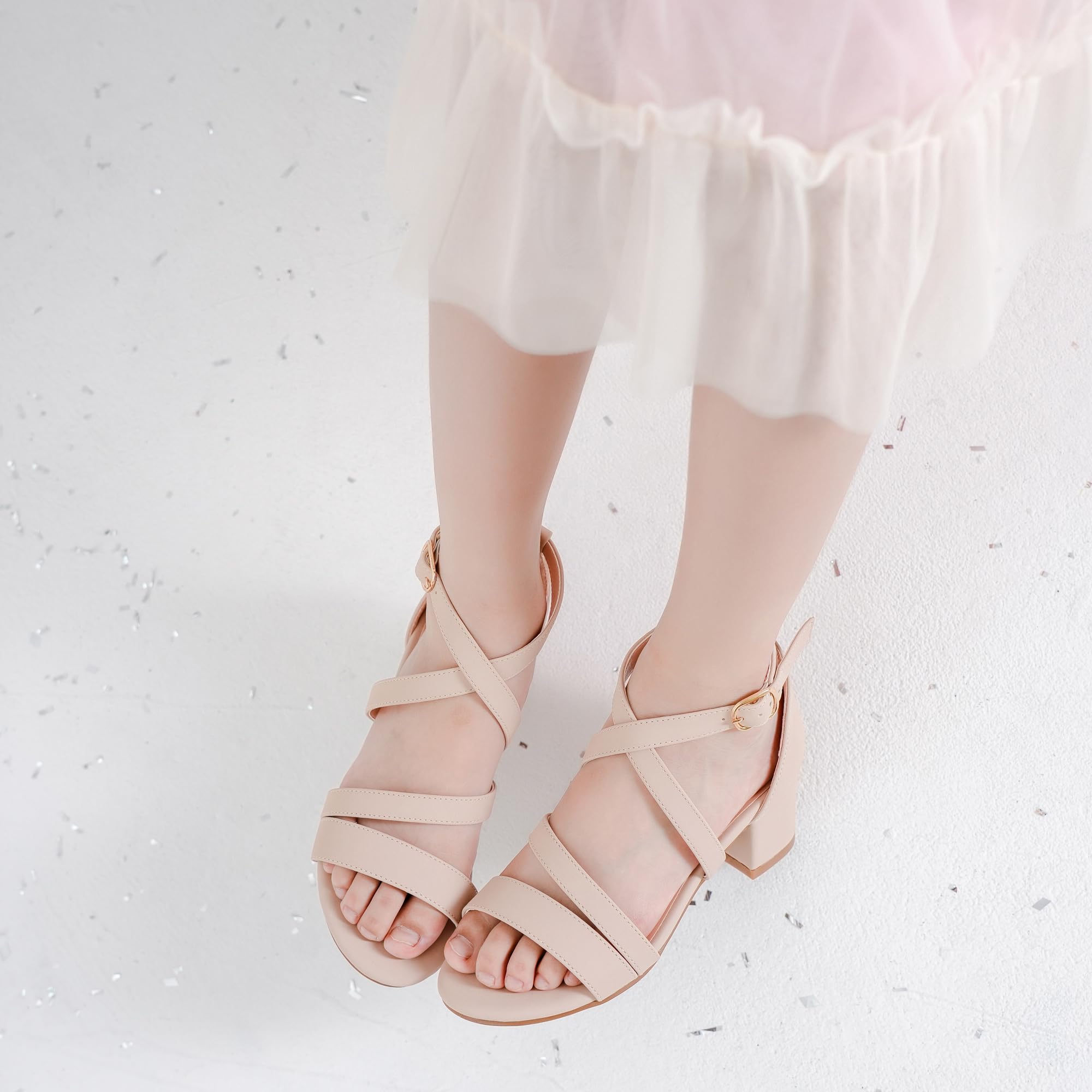 LAURMOSA Girls Sandals Chunky High Heel Strappy Open Toe Ankle Strap Dress Shoes for Little Big Kids in Wedding Party