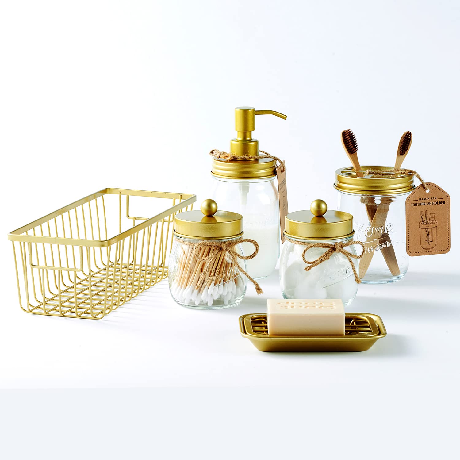 SheeChung 6Pcs Mason Jars Bathroom Accessories Set Complete - Toothbrush Holder, Lotion Soap Dispenser, 2 Mason Jars, Soap Dish, Toilet Paper Basket, Rustic Farmhouse Decor (Black, 6Pcs Bathroom Set)