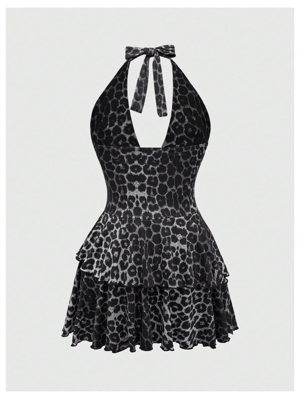 SOLY HUX Women's Plus Size Leopard Print Halter Dress Y2k Gothic Deep V Cheetah Tie Backless Layered Ruffle Mini Dresses