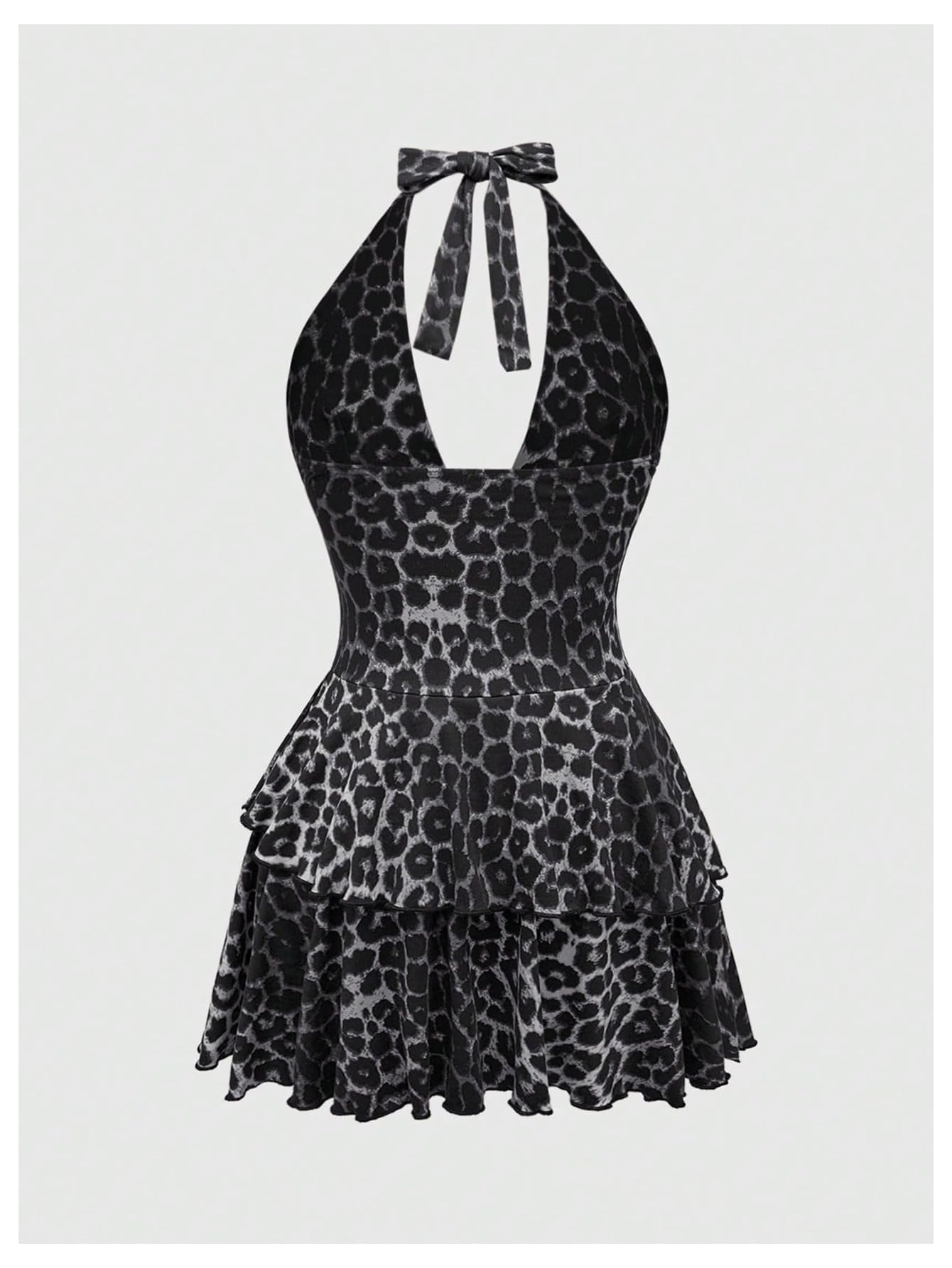 SOLY HUX Women's Plus Size Leopard Print Halter Dress Y2k Gothic Deep V Cheetah Tie Backless Layered Ruffle Mini Dresses