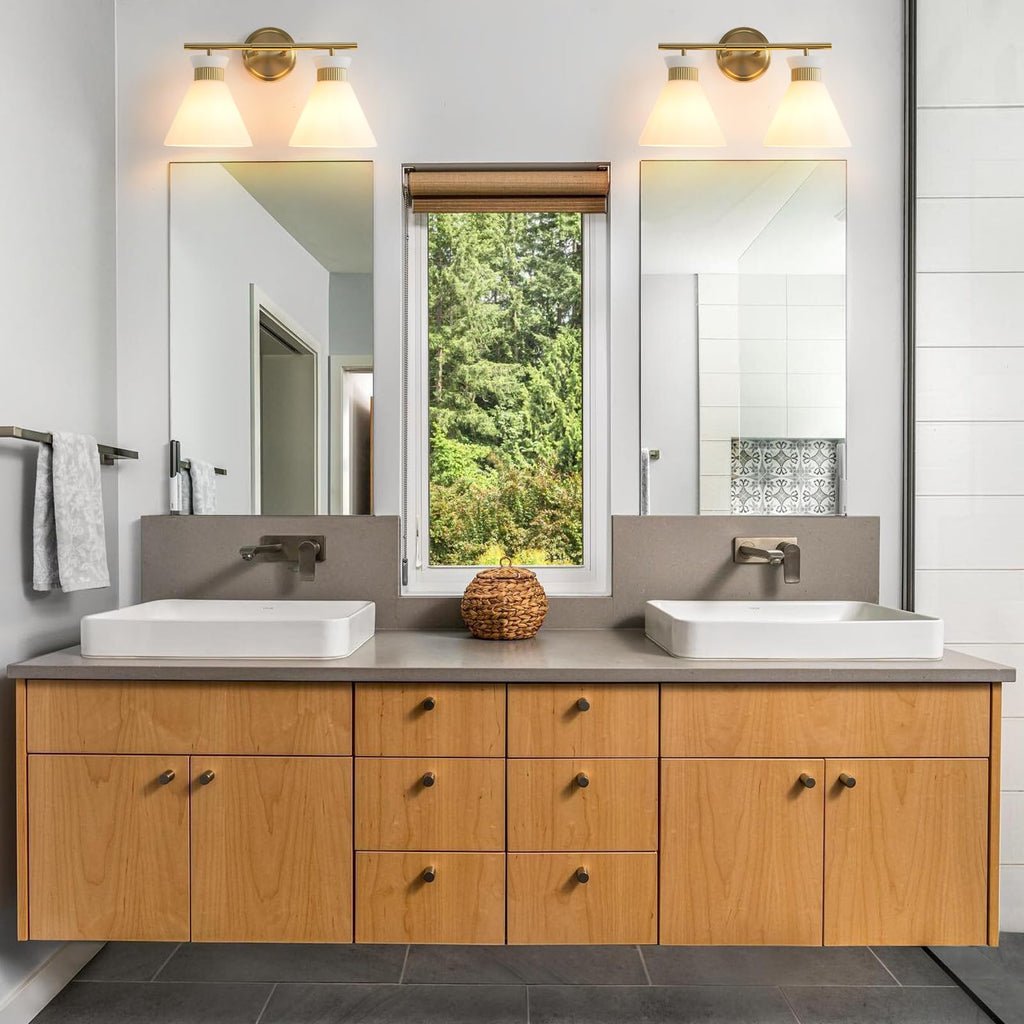 WOSHITU Gold Bathroom Light Fixtures: Modern Vanity Lighting Fixtures 2 Lights for Bathroom Mid Century Vanity Light Sconces Over Mirror with Frosted Milky Glass for Bath Bedroom Makeup