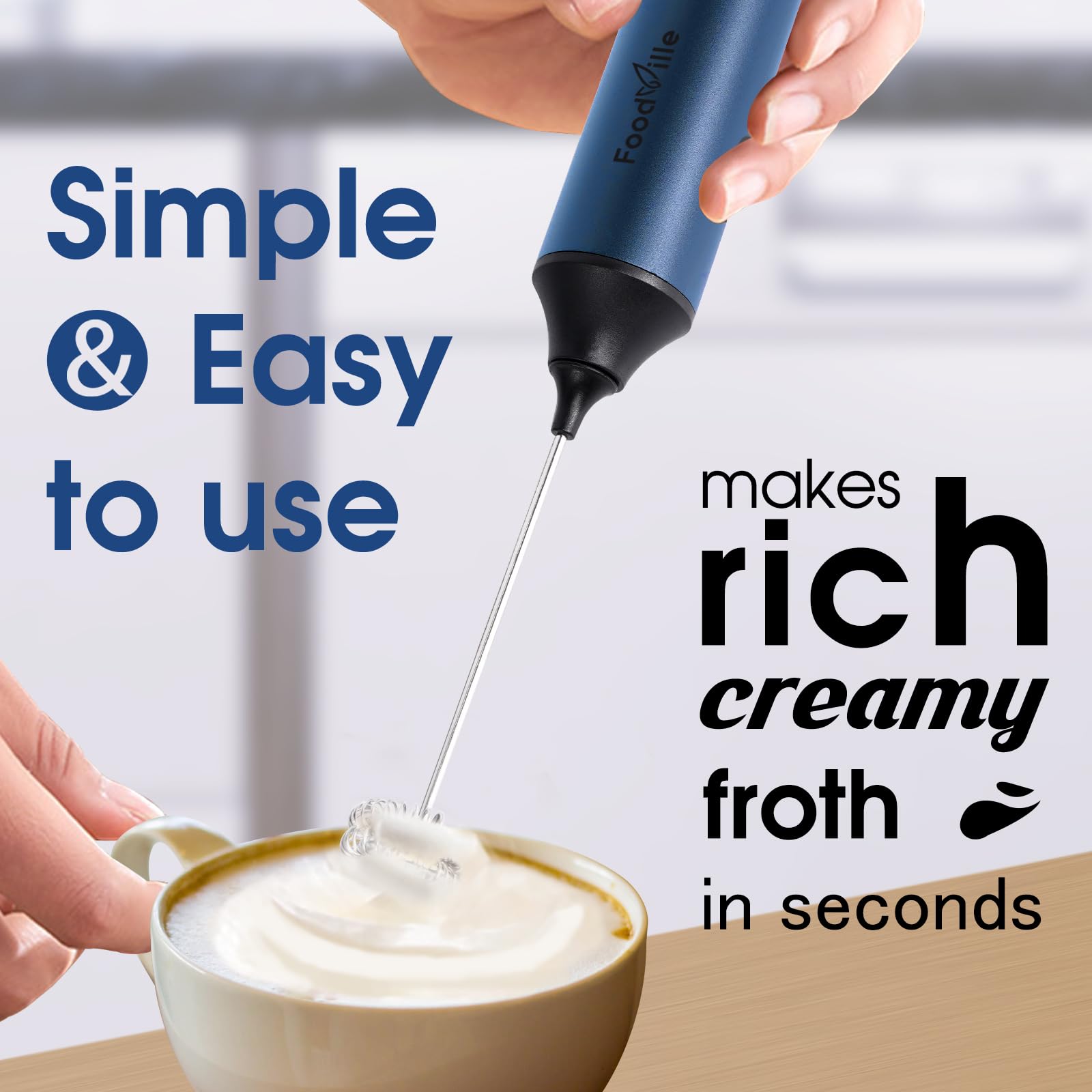 FoodVille MF05 Rechargeable Milk Frother USB Charging Handheld Foam Maker with Stainless Balloon Whisk for Cappuccino, Latte, Bulletproof Coffee, Keto Diet, Protein Powder, Matcha (Black)