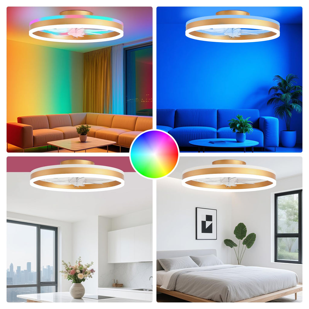 16 Inch RGB Low Profile Ceiling Fans with Lights, Modern Flush Mount Fandelier Chandelier Fixture, Remote & APP Control, Black LED Ceiling Fan Light for Bedroom, Living Room, Kitchen Indoor