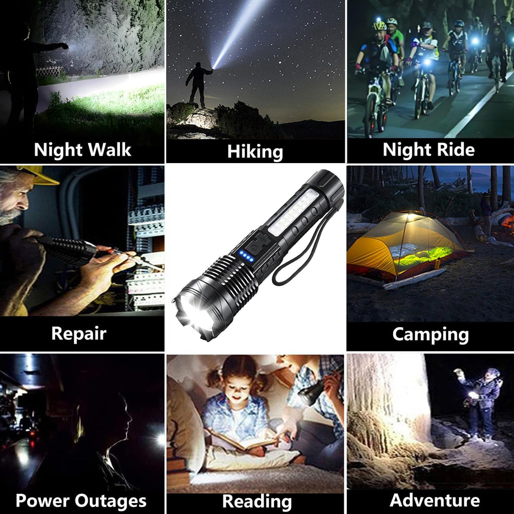Rechargeable LED Flashlights, 90,000 Lumens Super Bright Flash Light, 7 Modes with COB Work Light, IPX6 Waterproof, Adjustable Tactical Powerful Handheld Flash light for Home,Camping and Emergencies