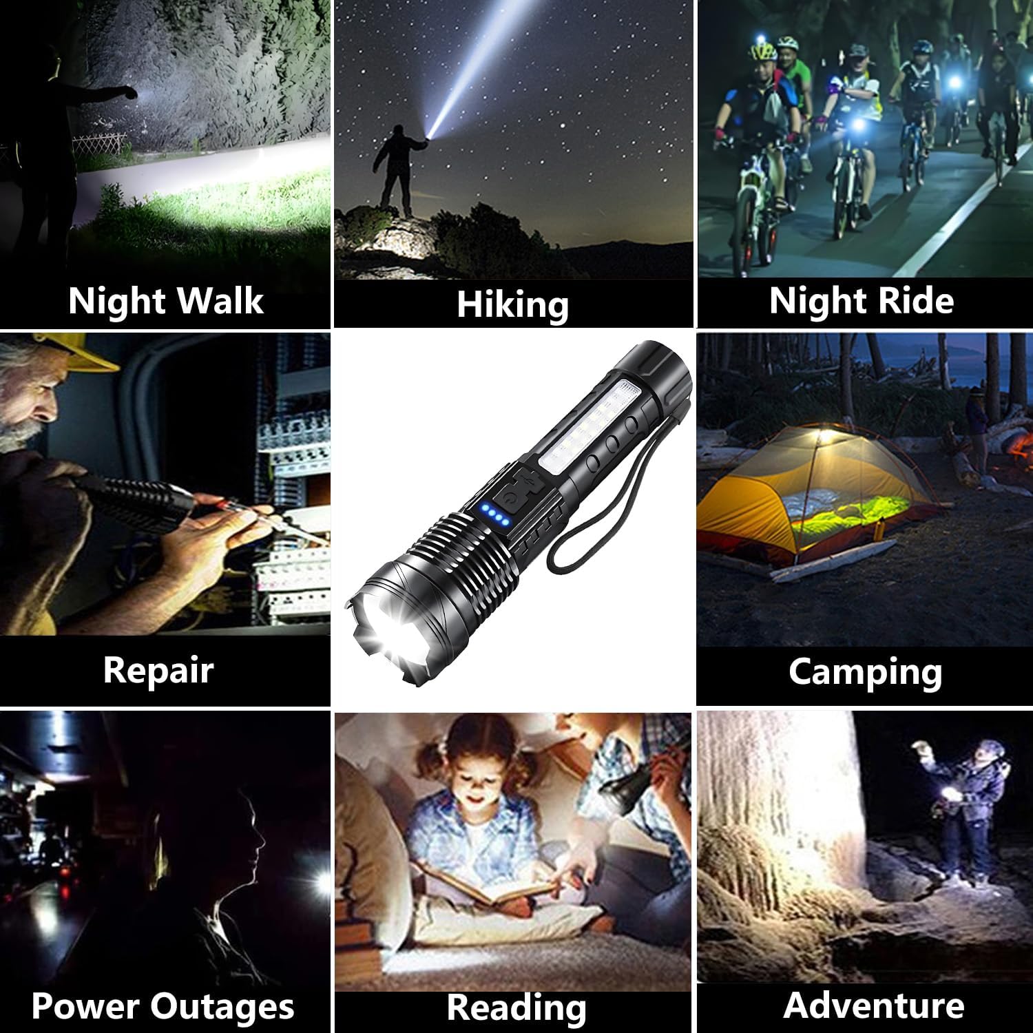Rechargeable LED Flashlights, 90,000 Lumens Super Bright Flash Light, 7 Modes with COB Work Light, IPX6 Waterproof, Adjustable Tactical Powerful Handheld Flash light for Home,Camping and Emergencies