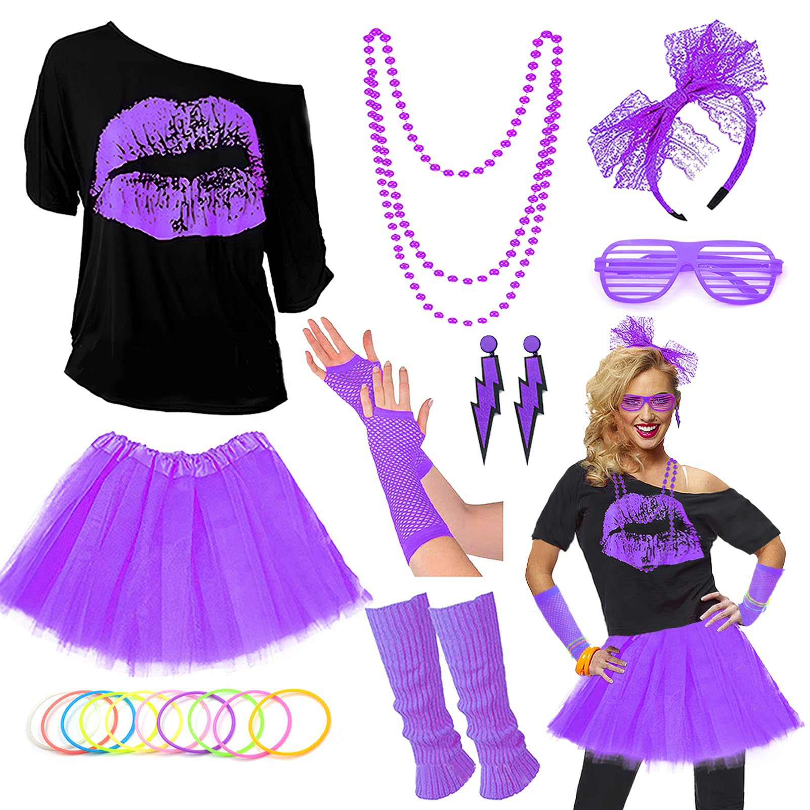 Upgraded 80s Outfit Costume for Women,80s Party Costume Accessory Sets with T-Shirt Tutu Skirt Waist Pack etc