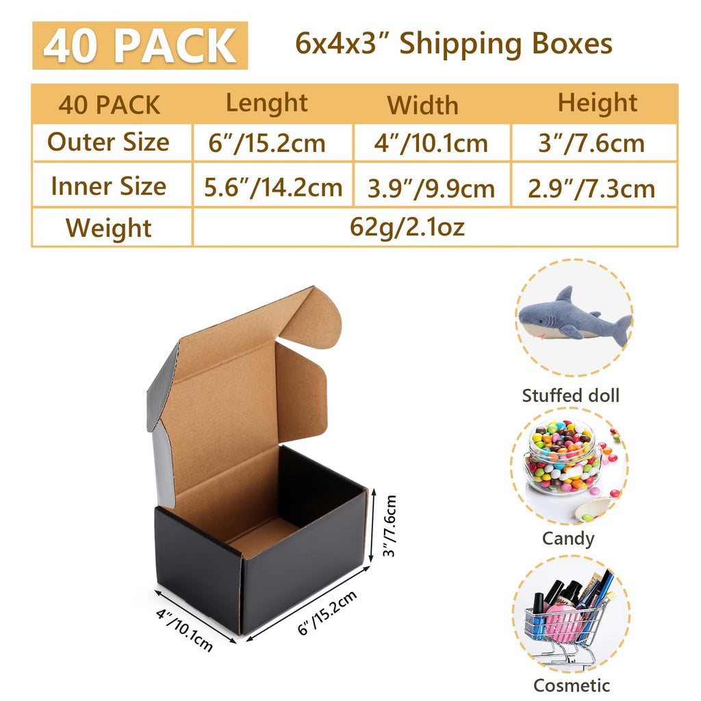EXYGLO 40 Pack 6x4x3 Shipping Boxes, Black Corrugated Cardboard Boxes for Packaging Small Business, Moving, Shipping, Mailing, and Storing