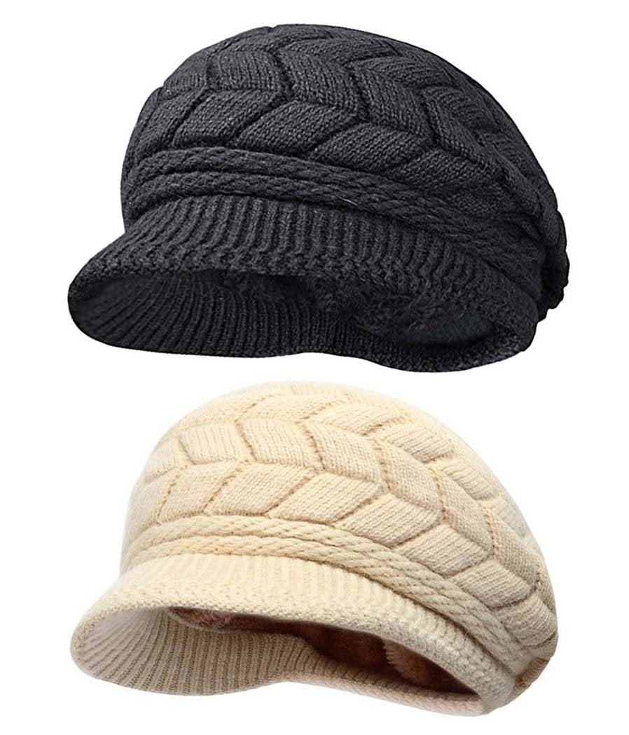 Women Winter Warm Knit Hat Wool Snow Ski Caps with Visor