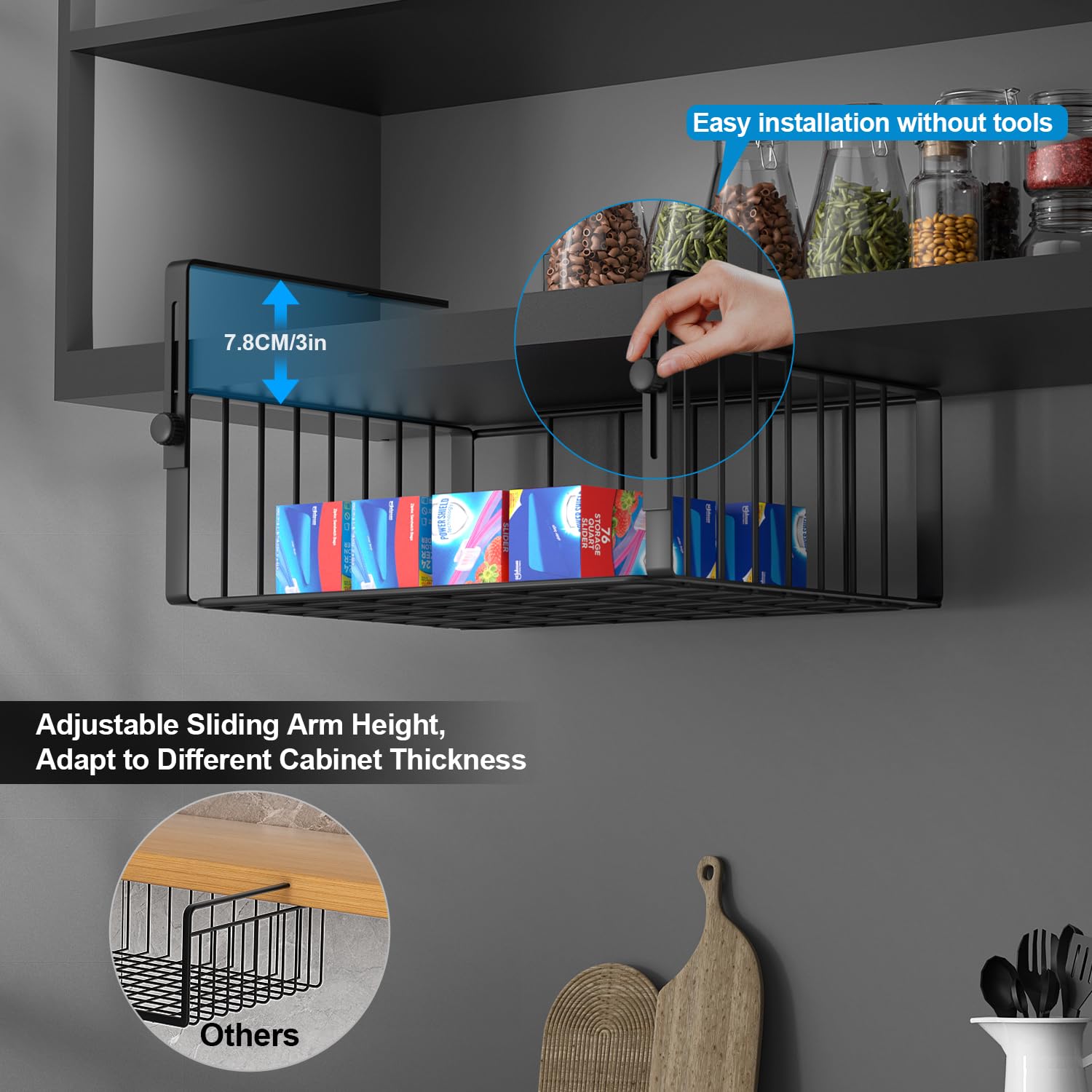 AmonHouseware 2Pack Under Shelf Basket Organizer,Adjustable Hanging Holder Storage for Cabinet Pantry Kitchen Cupboard Desk Counter Bookshelf Organization Add-on Space Saver Heavy Duty Slide-in,Black
