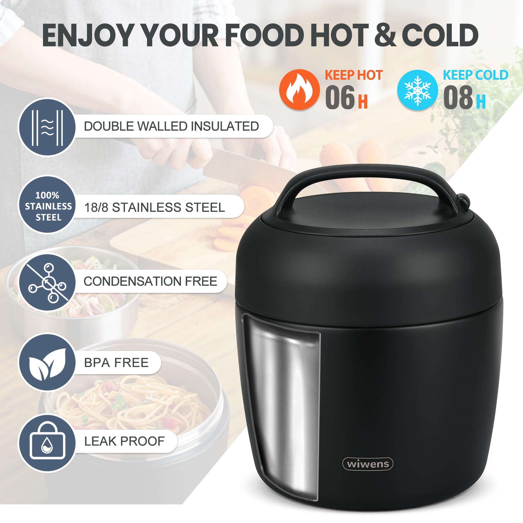 wiwens Thermo Food Jar for Hot Food Adults 32OZ Soup Thermo Lunch Containers Wide Mouth Vacuum Insulated Stainless Steel Leakproof Bento Box with Spoon (Beige)
