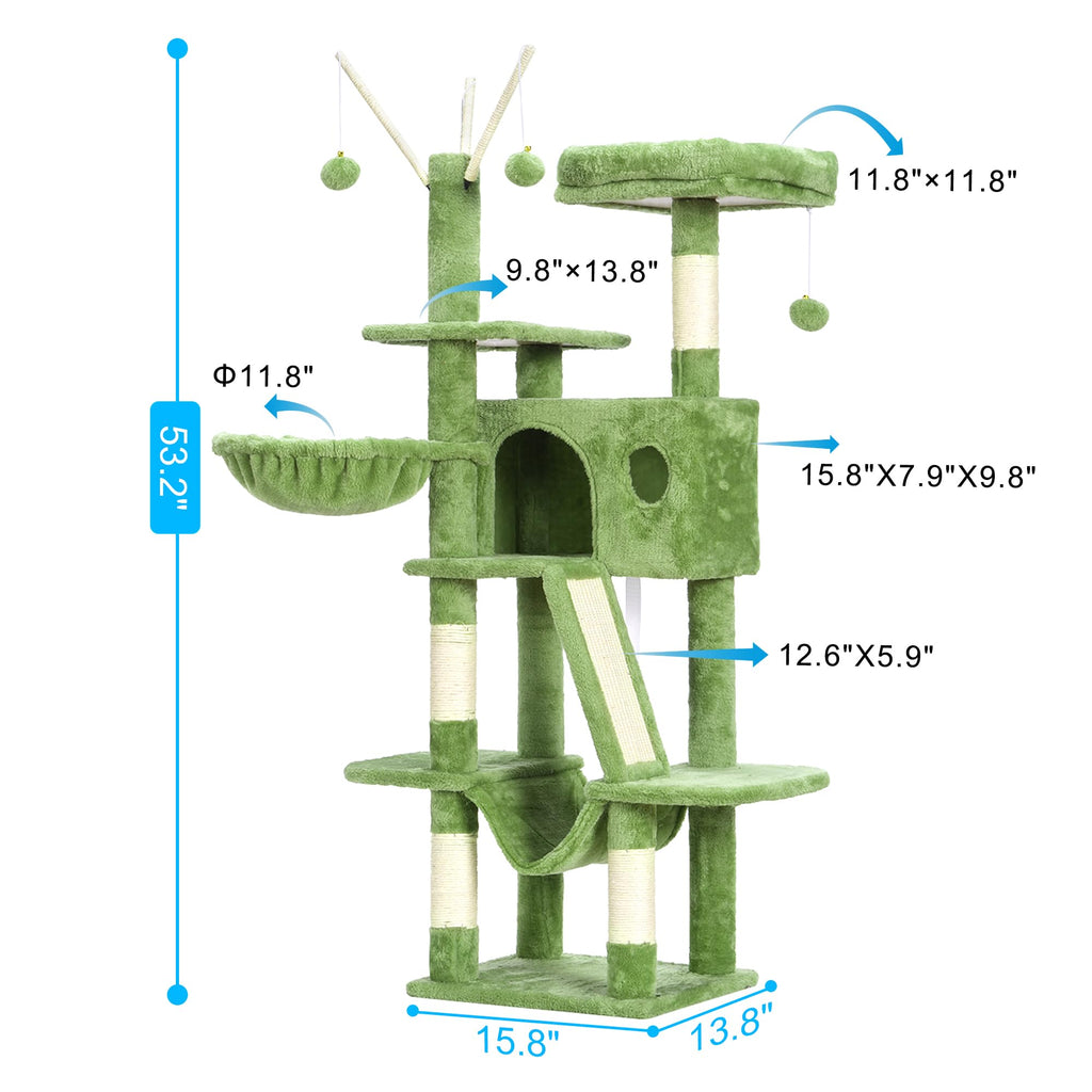Hey-brother Cat Tree, 53 inch Cat Tower for Indoor Cats, Cat House with Padded Platform Bed, Toy Balls, Large Cozy Condo, Hammocks and Sisal Scratching Posts, Beige MPJ019-SM
