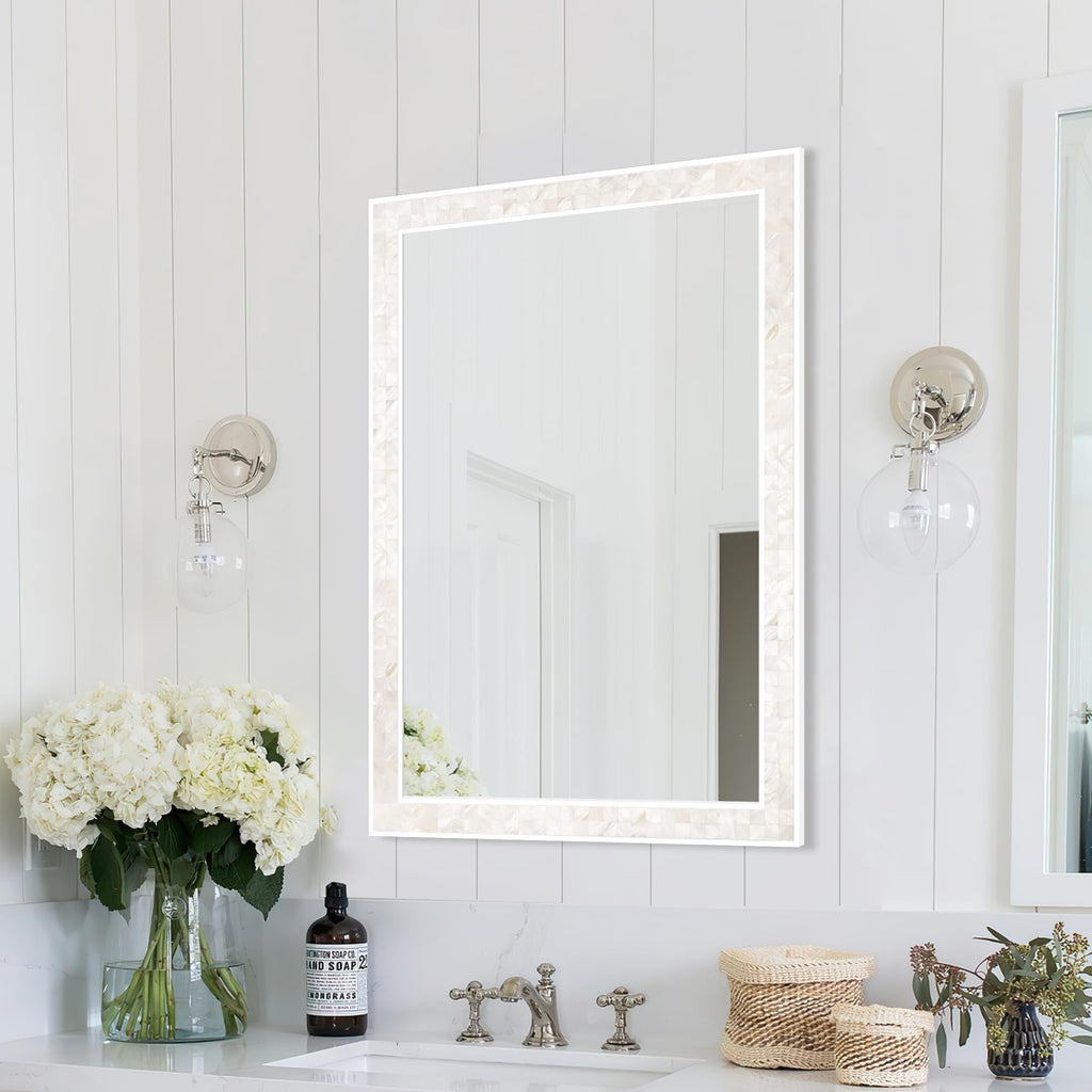 Tanmicoshomy Round Wall Mirror 24 Inch,Circle Mosaic Mirror with Natural Mother of Pearl and Wood Frame, Decorative Coastal Round Wall Mirror for Bathroom Bedroom Living Room Entryway