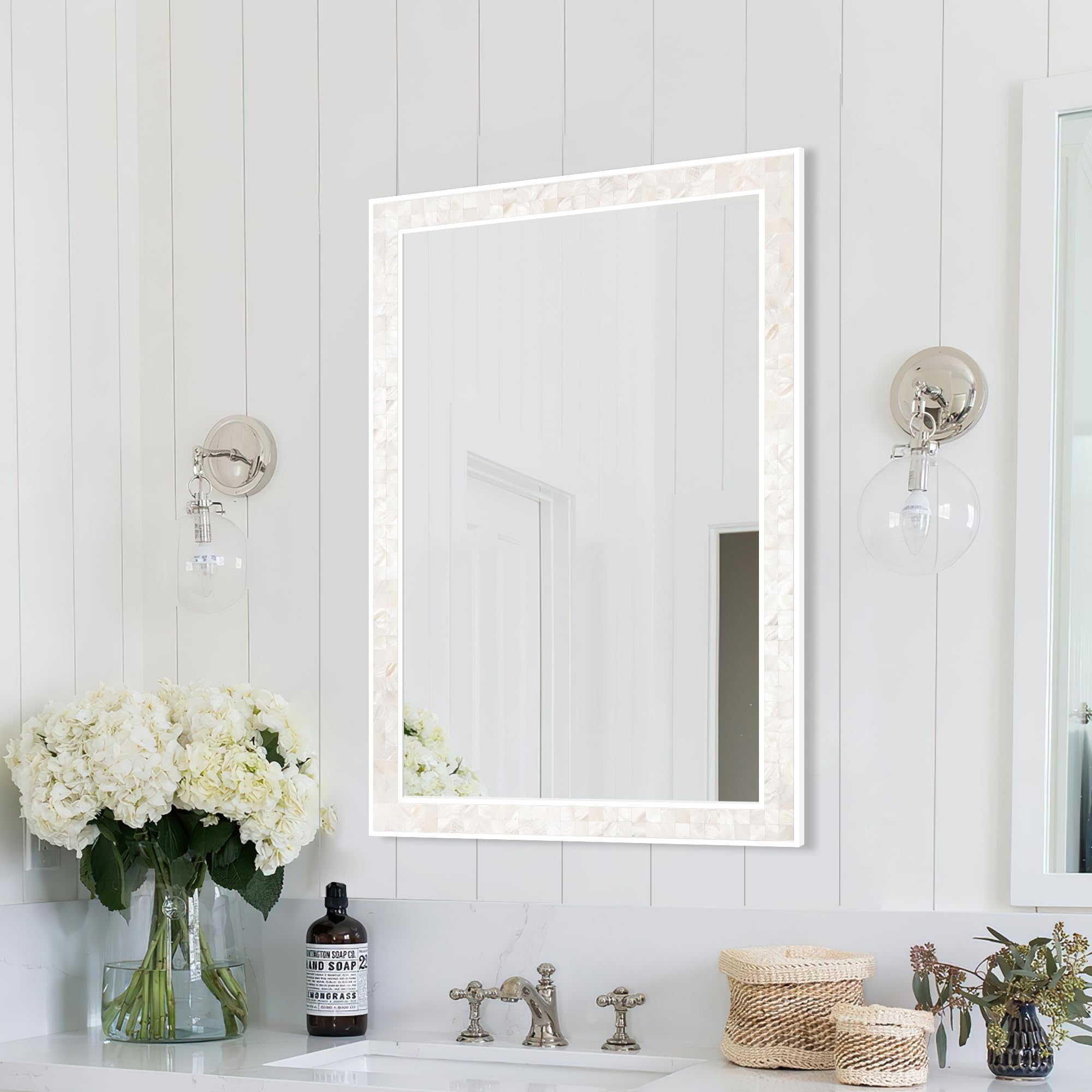 Tanmicoshomy Round Wall Mirror 24 Inch,Circle Mosaic Mirror with Natural Mother of Pearl and Wood Frame, Decorative Coastal Round Wall Mirror for Bathroom Bedroom Living Room Entryway