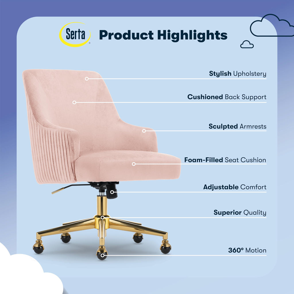 Serta Scarlett Modern Office Chair, Pleated and Curved Mid-Back Desk Chair, Pocket Coil Seat Cushion, Padded Armrests, Vanity Armchair with Wheels, Swivel Gold Base, Beige Velvet Fabric