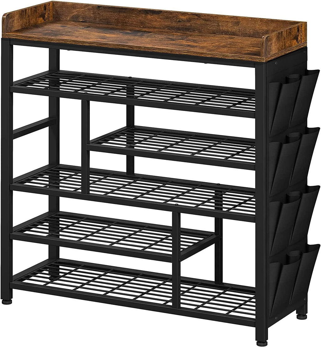 EnHomee Shoe Rack for Entryway, 6 Tier Shoe Organizer with Adjustable Shelves, 22 Pairs, Shoe Shelf with Wooden Top and Side Pocket for Closet, Entryway, Living Room, Rustic Brown & Black
