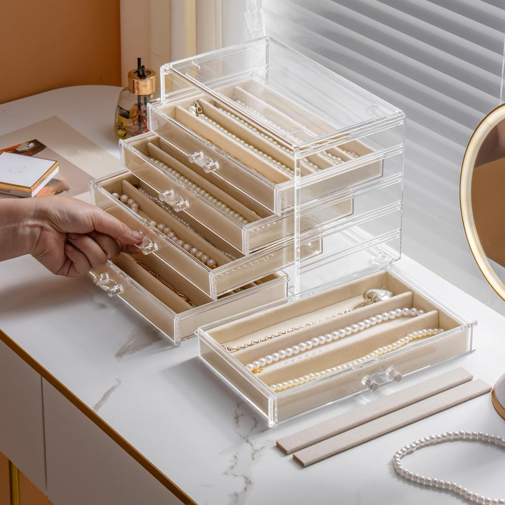 YUFONG Necklace Holder Organizer, Dustproof Necklace Box Velvet Necklace Organizer Box with Lid Clear Acrylic Dustproof Stackable Jewelry Displays for Necklaces Chain Display (Beige, 3 Drawer)