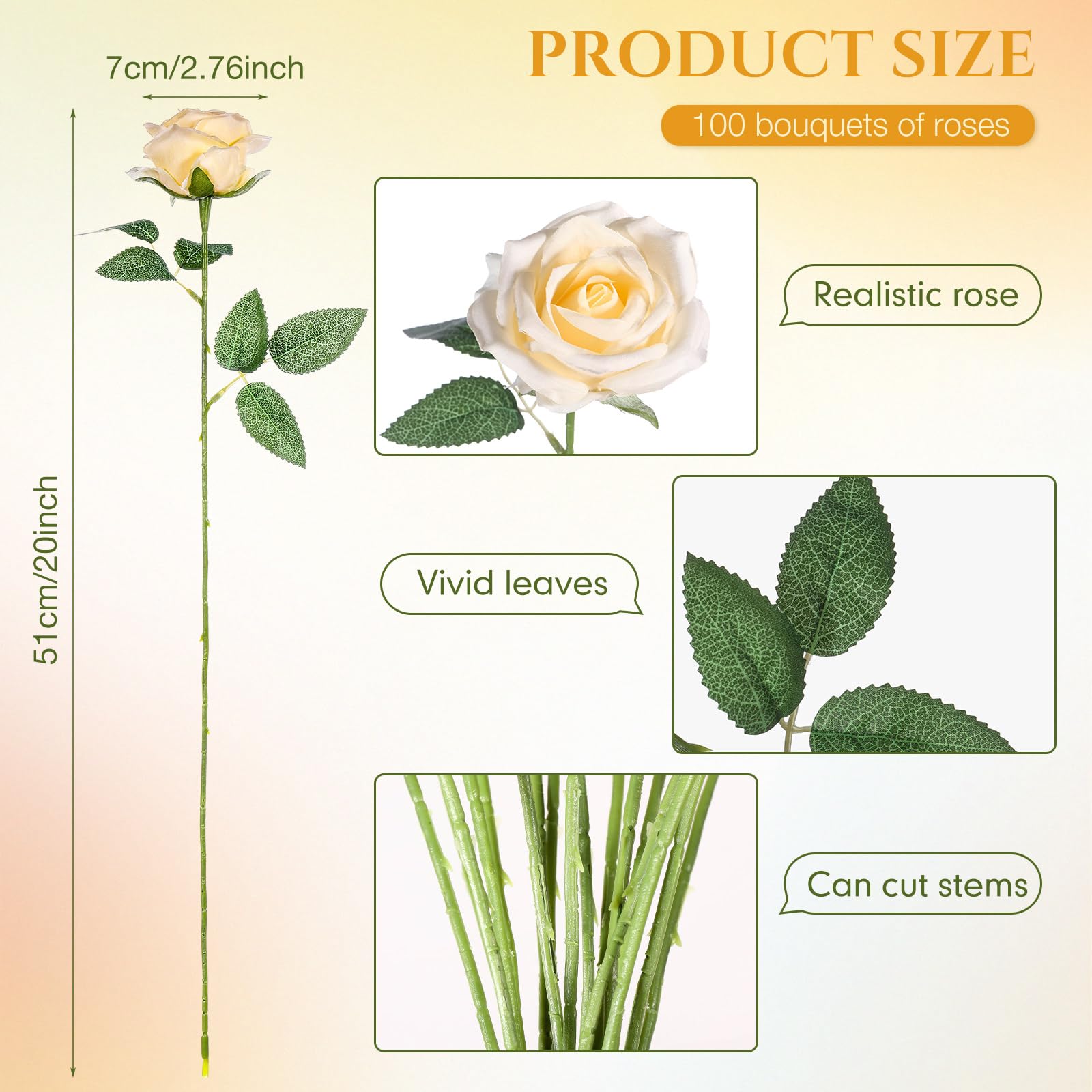 Jexine 100 Pieces Artificial Roses Flowers Bulk, Long Stem Realistic Fake Silk Roses Bouquet for Table Centerpiece Vases Wedding Party Kitchen Decor(Beige)