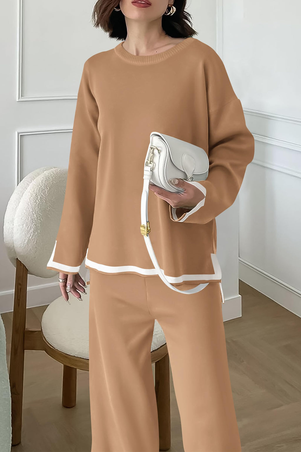 PRETTYGARDEN Women's 2 Piece Knit Sweater Set Travel Outfits | Long Sleeve Tops, Wide Leg Pants, Soft Matching Sweat Track Suits, Casual Fall Winter Clothes for Brunch, Going Out & Cruise