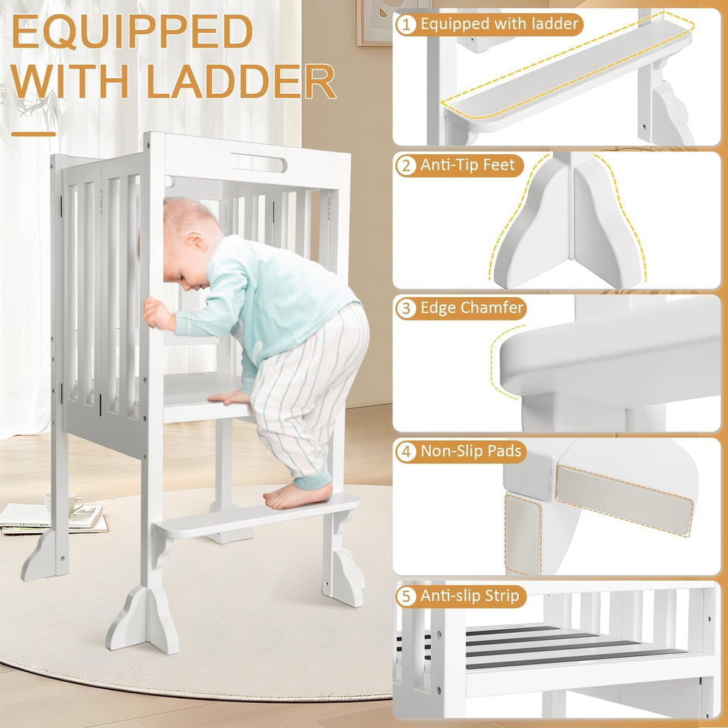 Foldable Toddler Learning Standing Tower, WOOD CITY Montessori Kitchen Step Stool Ideal Helper with 3 Adjustable Heights for Learning New Skills(Natural)
