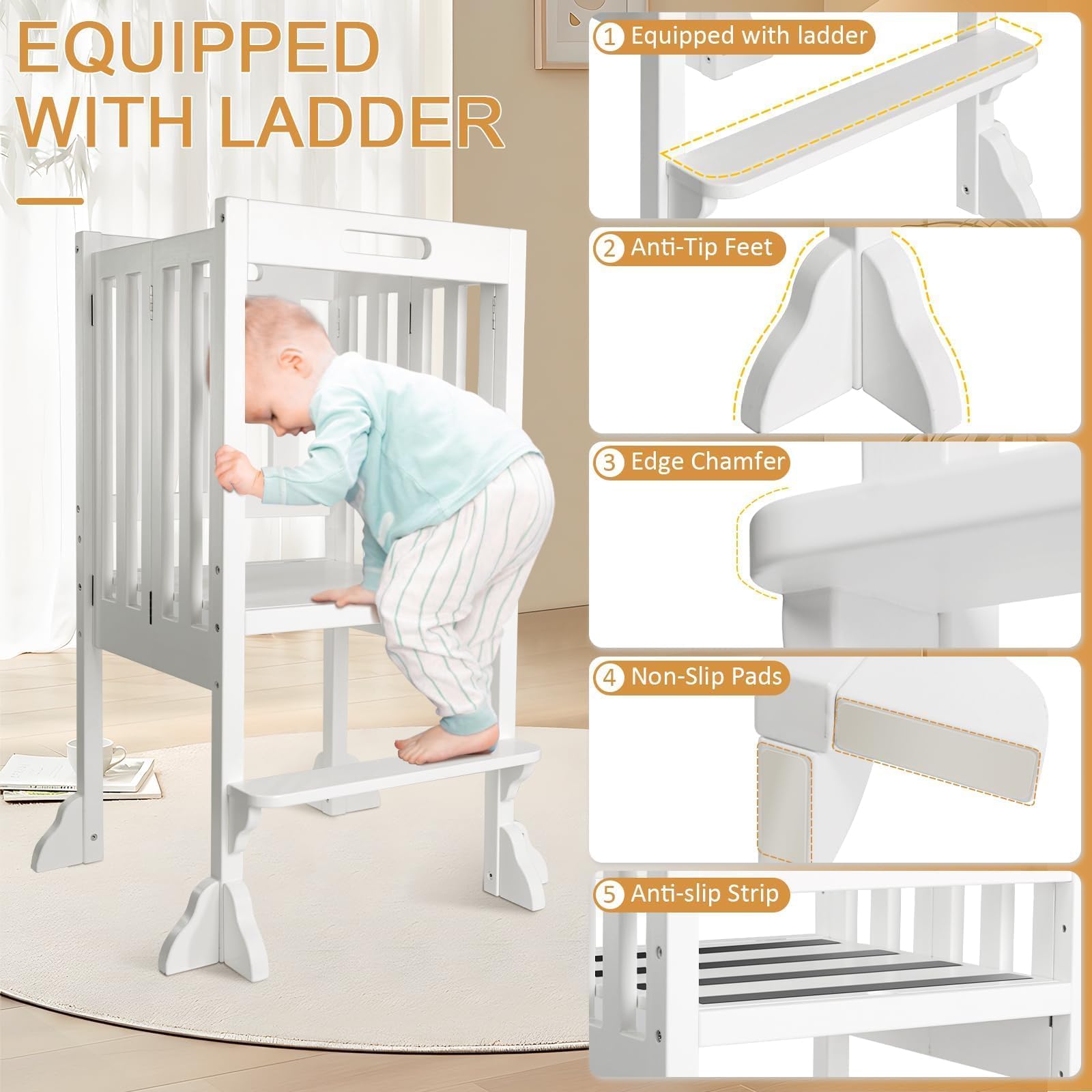 Foldable Toddler Learning Standing Tower, WOOD CITY Montessori Kitchen Step Stool Ideal Helper with 3 Adjustable Heights for Learning New Skills(Natural)