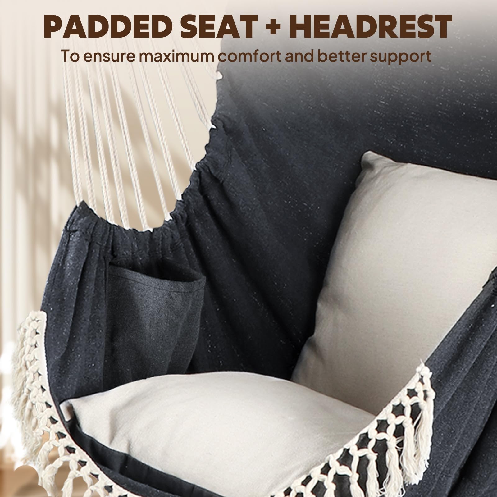 Chihee Hammock Chair Hanging Swing Max 500 Lbs 2 Cushions Included Metal Spreader Bar with Anti-Slip Grooves Portable Hanging Chair Side Pocket Large Macrame Bohemian Chair Indoor Outdoor | Hanging Swing with Anti-Slip Grooves Portable Hanging Chair Side