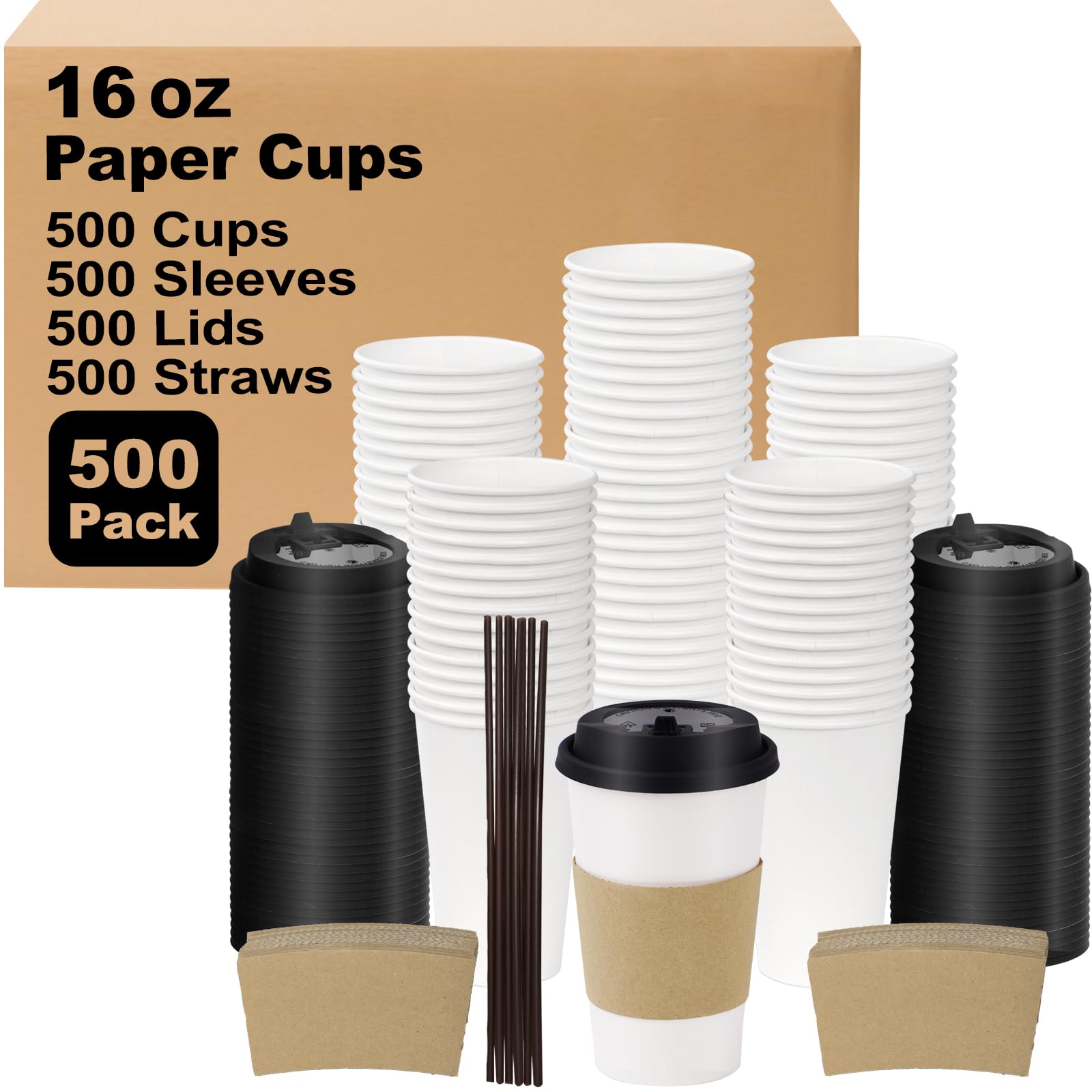 16 oz 100 Pack Corrugated Ripple Wall Disposable Coffee Cups with Lids and Straws, Heavy Duty Insulated Cups for Hot Beverage or Cold Drinks, Bulk for Restaurants, Offices, Coffee Shops(Black)