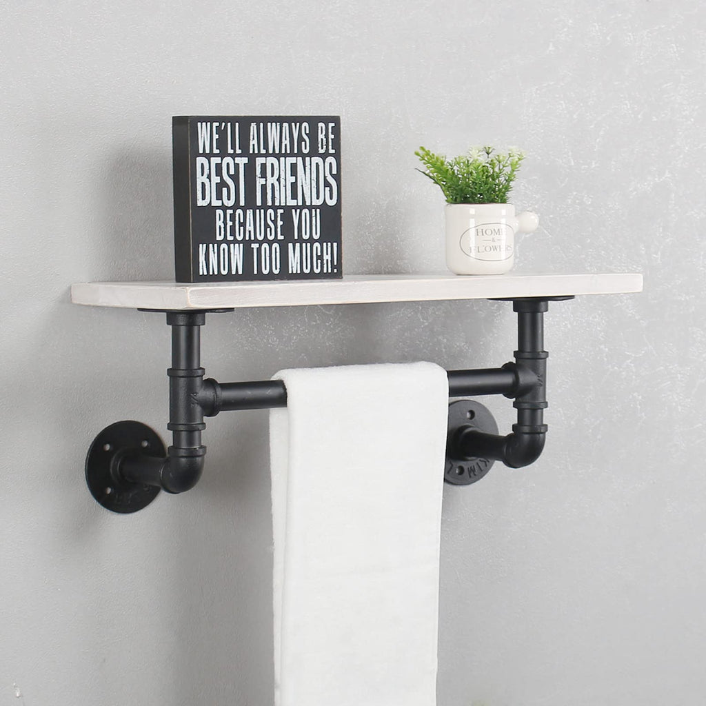 MBQQ Industrial Pipe Shelf Bathroom Shelves Wall Mounted,19.6in Rustic Wood Shelf with Towel Bar,1 Tier Farmhouse Towel Rack,Pipe Shelving Floating Shelves Towel Holder,Black & White