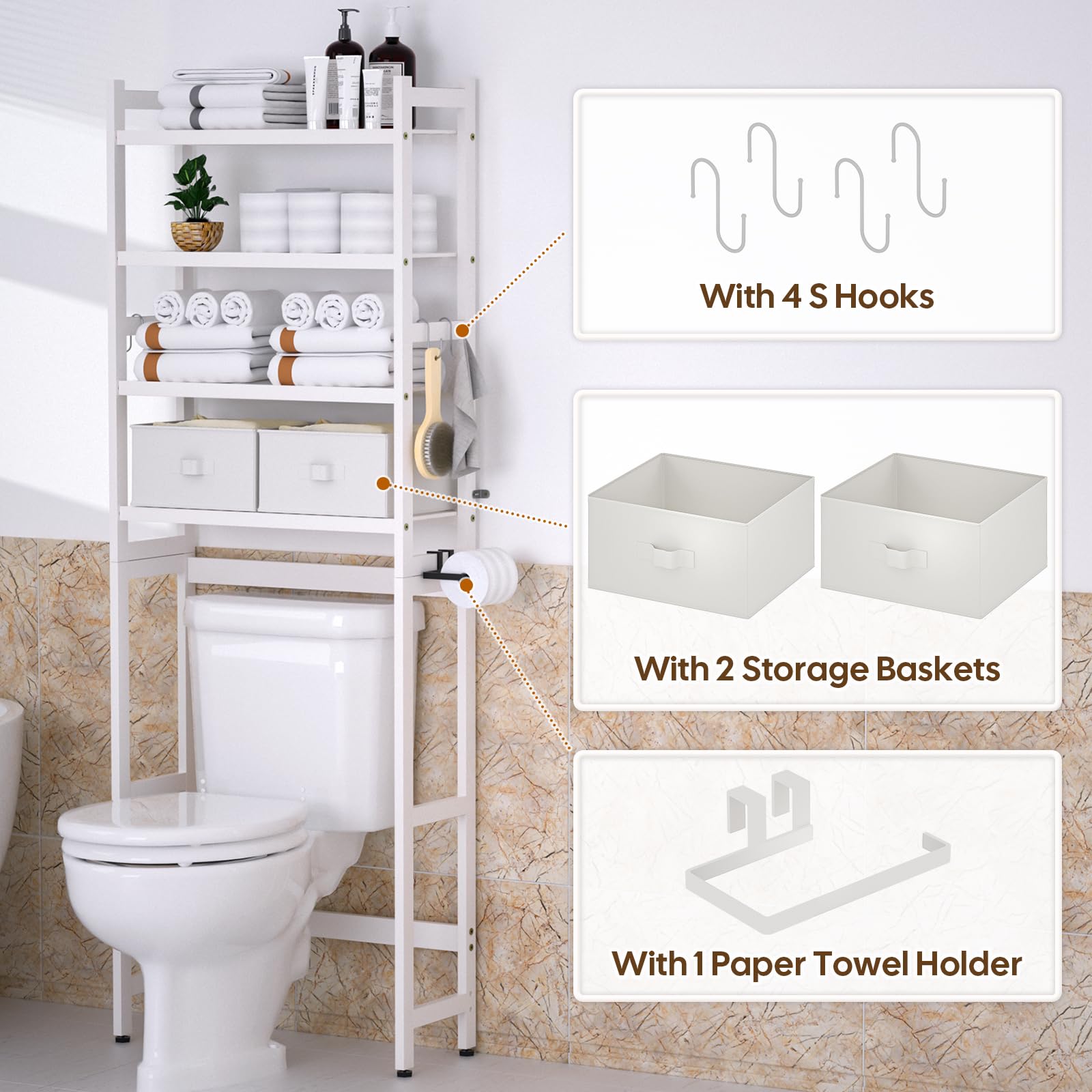 Cozivolife Over The Toilet Storage: 4-Tier Bamboo Organizer Rack with 2 Baskets & Paper Holder & 4 Hooks & Waterproof Feet Pad, Adjustable Freestanding Shelf for Bathroom (Brown)