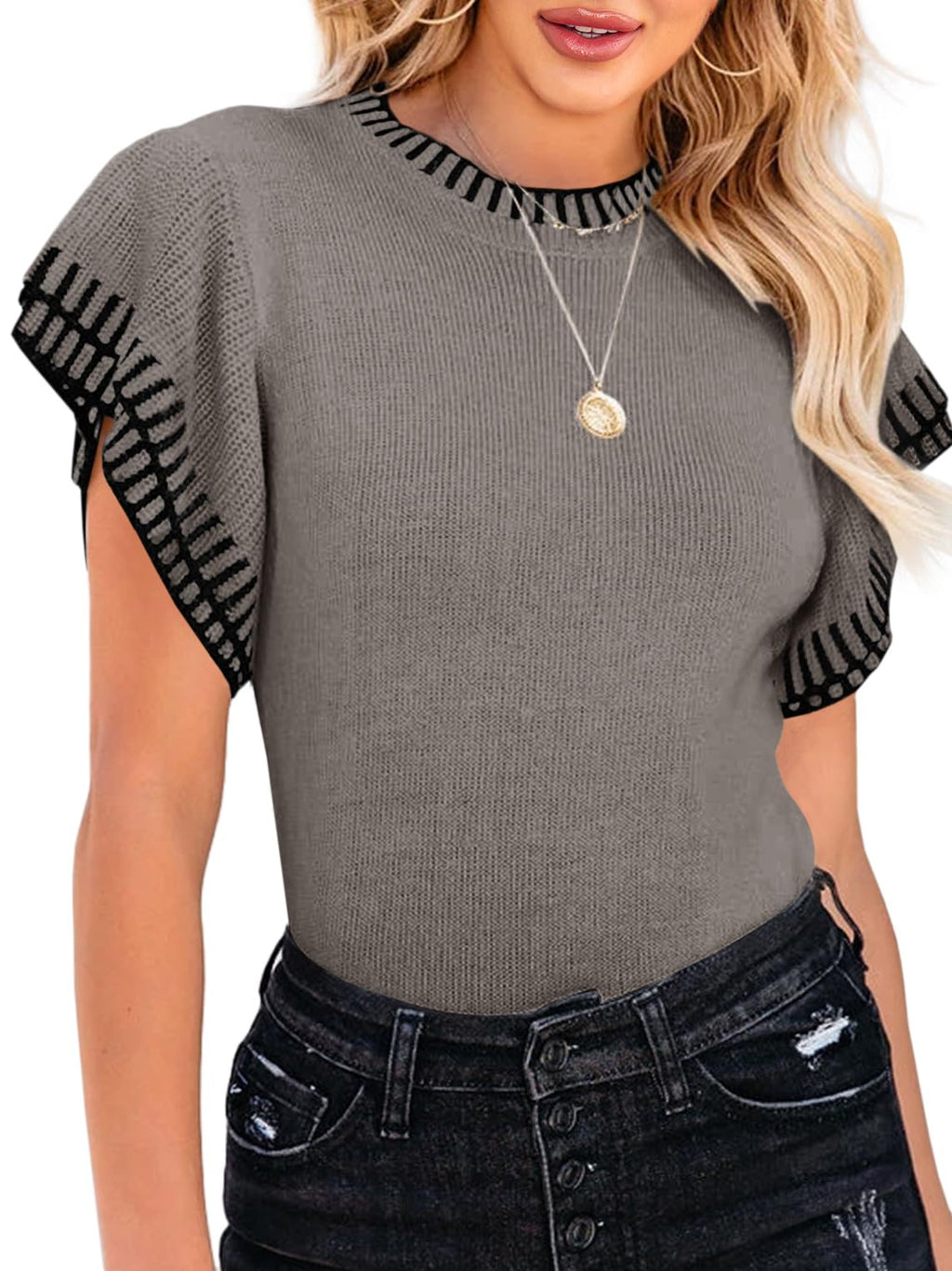 Saodimallsu Womens Short Sleeve Sweaters Tops Summer Ruffle Striped Loose Crew Neck Lightweight Soft Shirts Knit Sweater