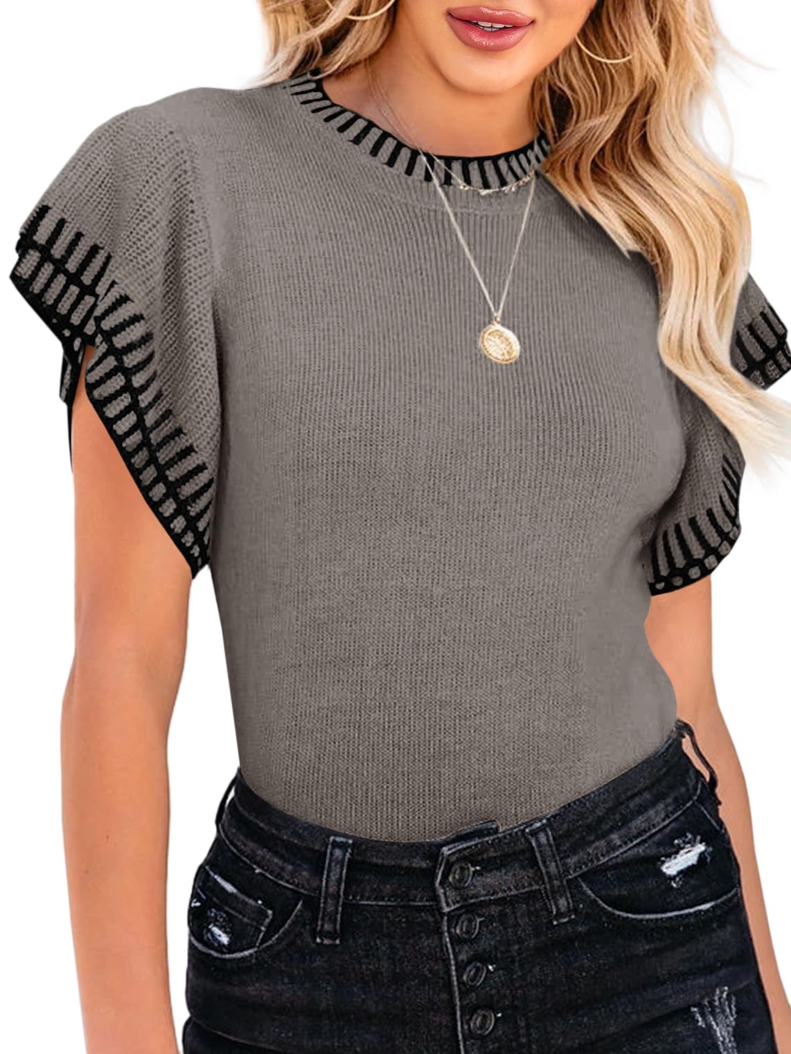 Saodimallsu Womens Short Sleeve Sweaters Tops Summer Ruffle Striped Loose Crew Neck Lightweight Soft Shirts Knit Sweater