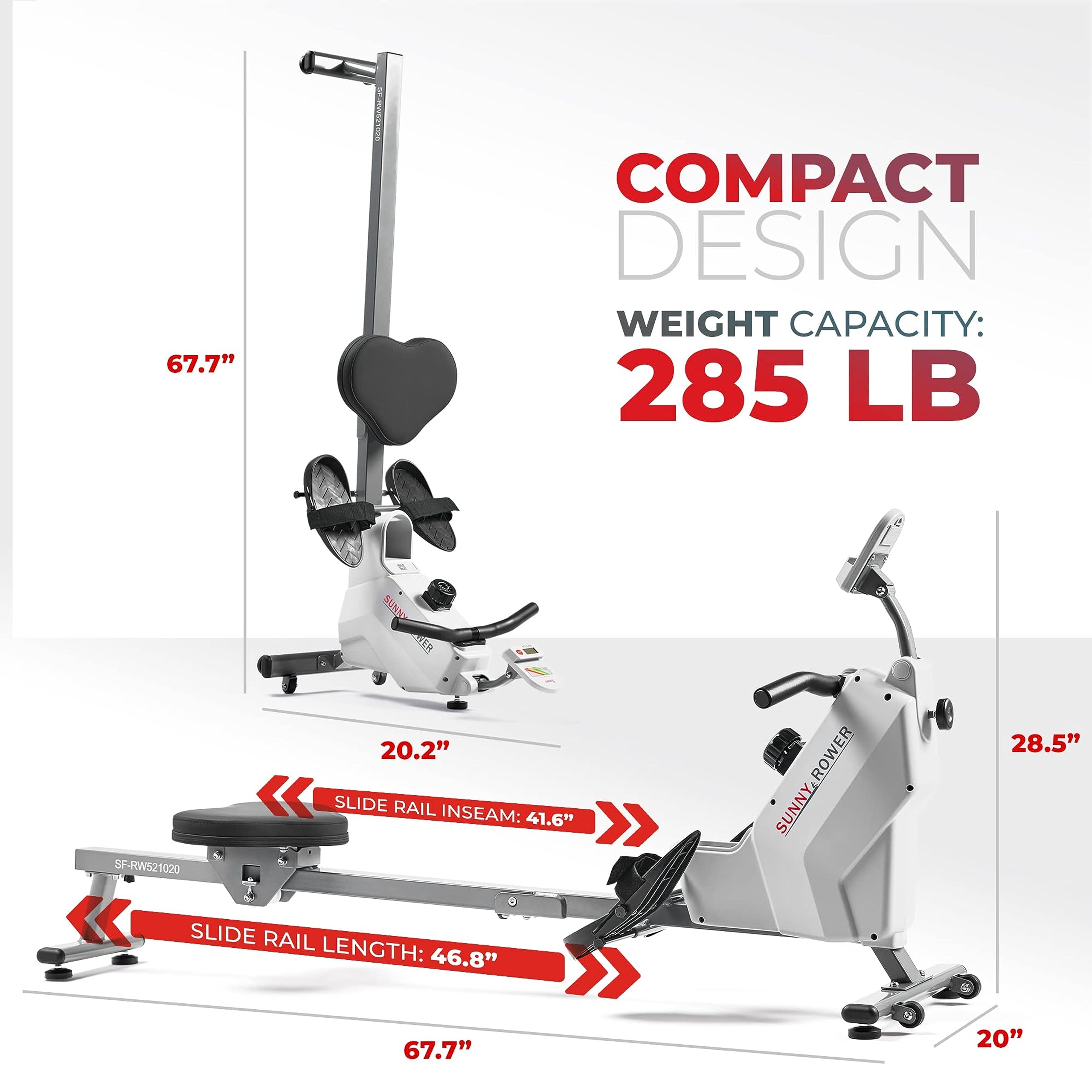 Sunny Health & Fitness Magnetic Rowing Machine for Home Exercise, Quiet & Smooth Rower with Compact Storage and Optional Free SunnyFit App Connectivity