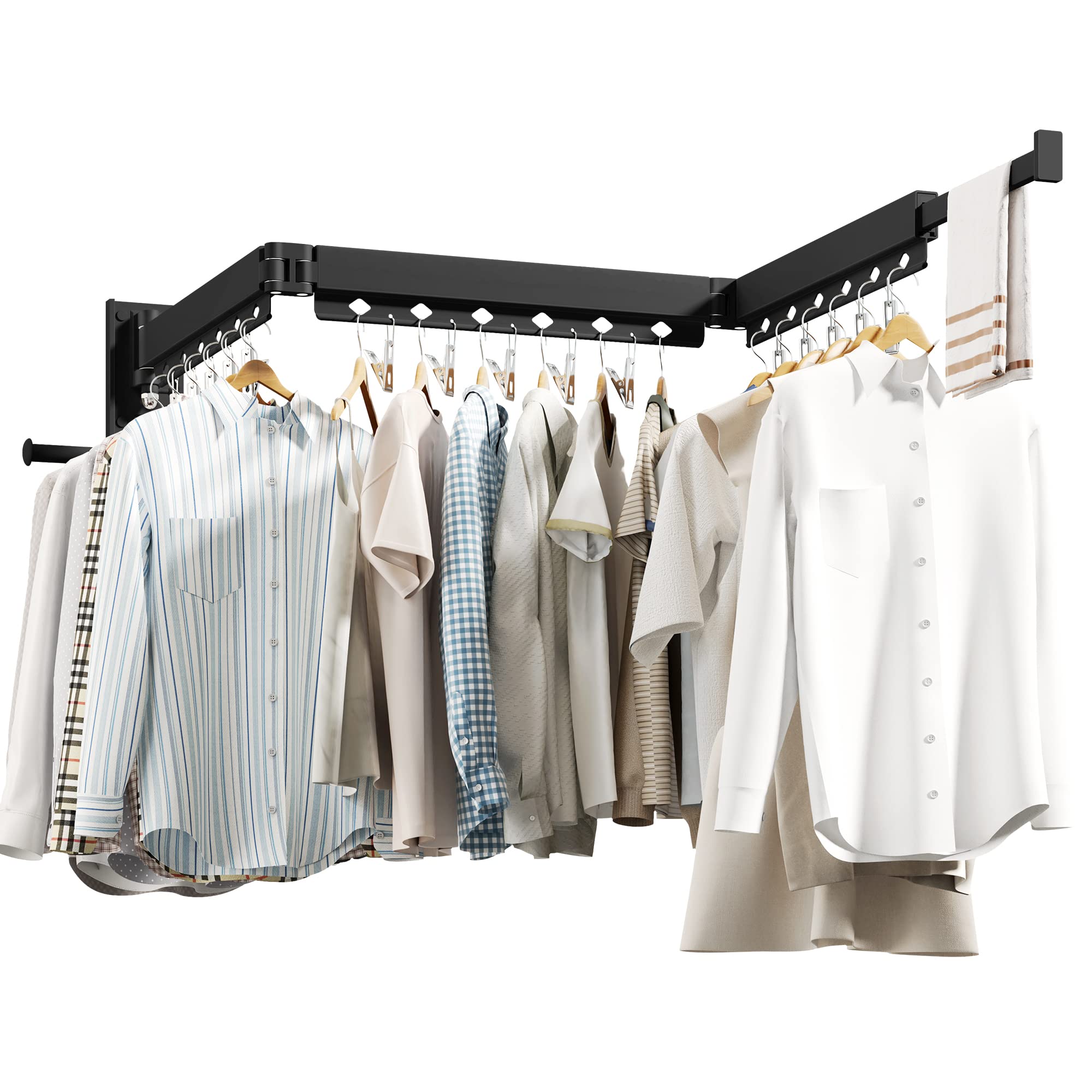 HEILAIYI Clothes Drying Rack for Laundry,Wall Mounted Clothes Hanger Rack,Folding,Retractable,Collapsible(J Shape Hooks)