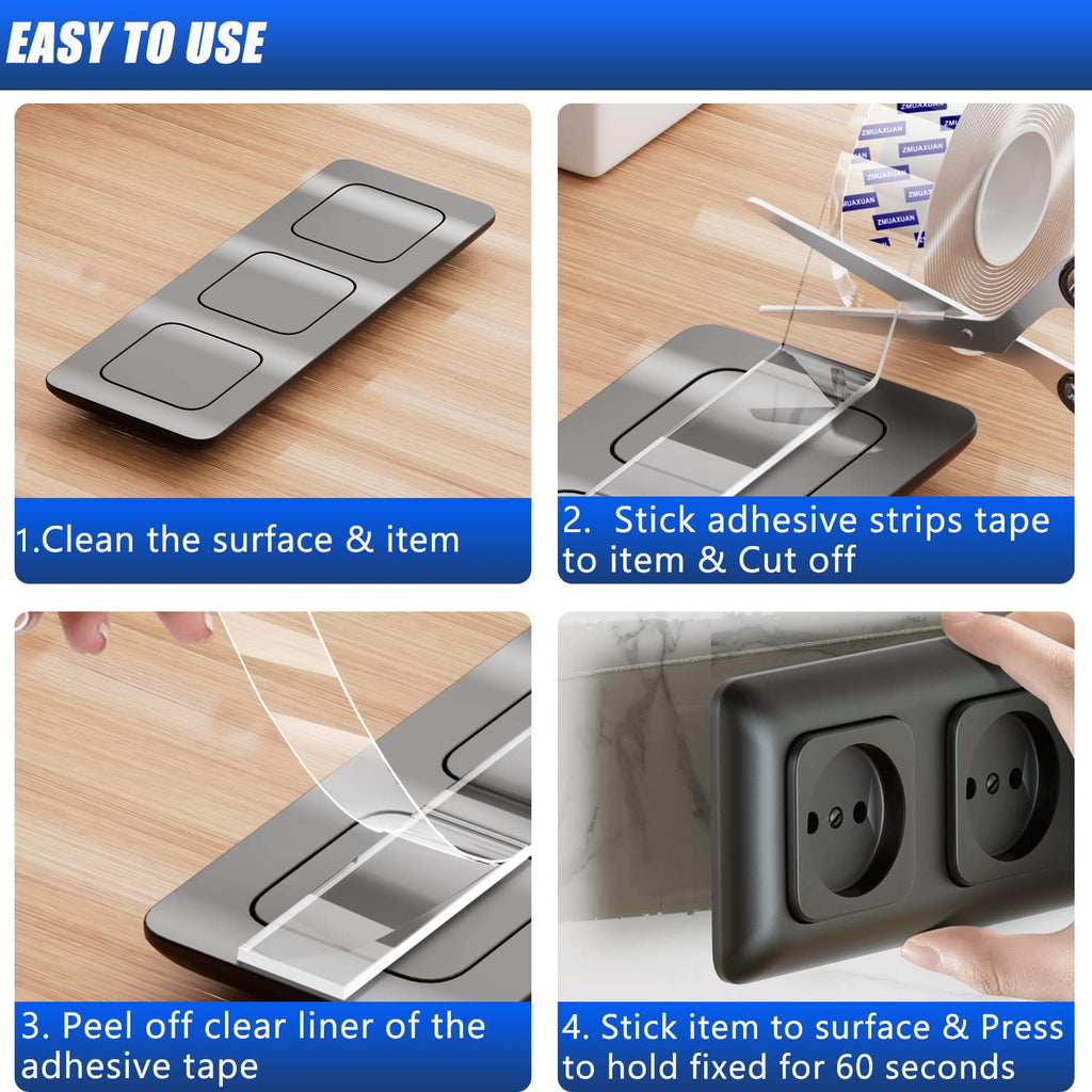 ZMUAXUAN Strong Nano Double Sided Tape Heavy Duty Mounting,Clear Removable Wall Sticky Adhesive Strips,Reusable Thick Gel Grip for Hanging Picture,Poster,Carpet,Photo