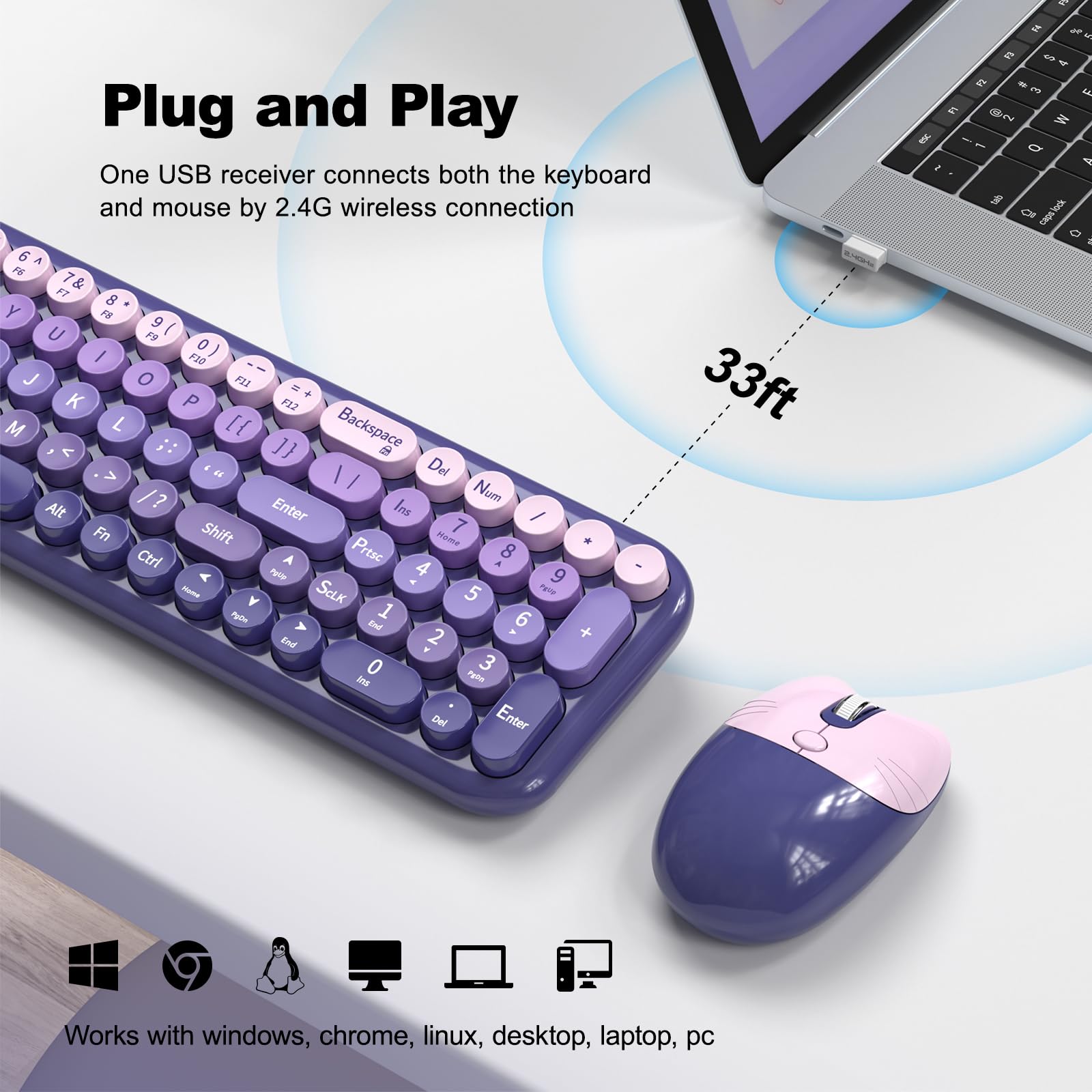 MOFII Wireless Keyboard and Mouse Combo, Compact Typewriter Retro Round Computer Keyboard and Mouse Set, Plug and Play, for Windows, Computer, Desktop, PC, Notebook - Black Green Gradient