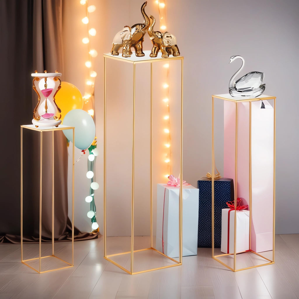 3PCS Cylinder Pedestal Stands for Parties, Gold Metal Plant Round Cylinder Stands for Party Flowers, Display Columns Pedestal Stand Cylinder Tables for Vases Birthday Party Backdrop Decorations