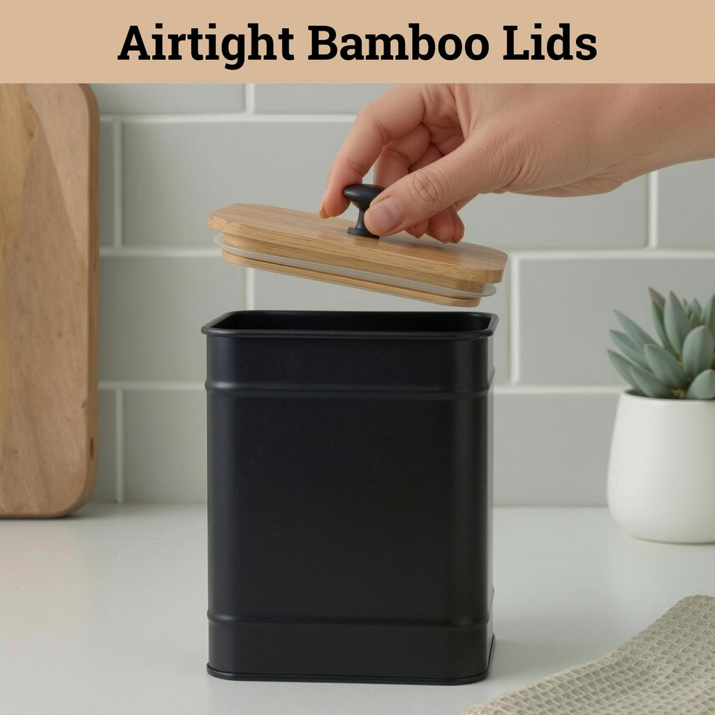 Kitchen Canisters for Countertop Set of 4 w/ Chalkboard Labels & Marker Pen | Airtight Easy Open Bamboo Lids, Dent-Resistant Thick Metal, Customizable Chalkboard Labels, Marker Pen Included, Set of 4