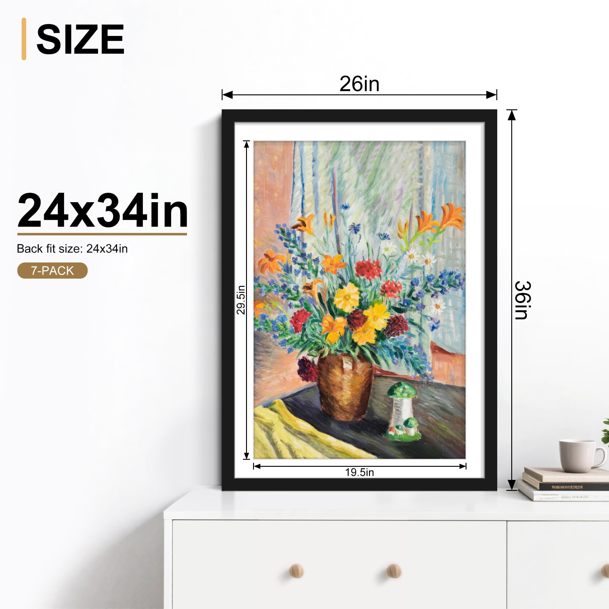 Picrit 24x34 Black Poster Frame 7 Pack, Display Pictures 20x30 Picture with Mat or 24 x 34 without Mat for Horizontal or Vertical Wall Mounting, Wall Gallery Photo Frames