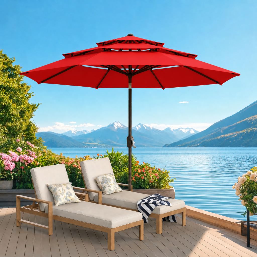 ONBRILL 10 FT Patio Umbrella, 3 Tier Outdoor Table Umbrella with 8 Sturdy Glass Fiber Ribs and Push Button Tilt, Outdoor Patio Umbrellas for Market Pool Garden Backyard, 1.5" Pole, Blue (No Base)
