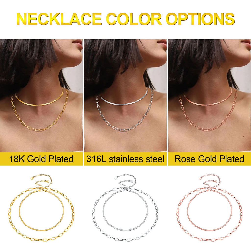 FOCALOOK 14K Gold Plated Necklaces for Women, Fashion Herringbone Choker Necklace Stainless Steel Flat Snake Chain 3/5MM(W) 12.5"/15"/18"+3.5"(L)