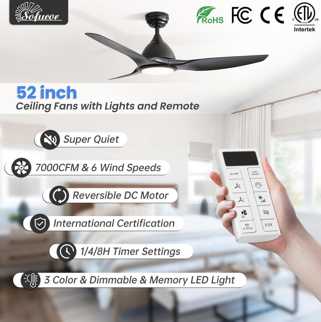 Sofucor 52 Inch Outdoor Ceiling Fans with Lights, Modern Ceiling Fan with 3 Plastic Blade, Quiet, Dimmable, High 7000CFM 6-Speed 3-Timer Reversible DC Motor, for Bedroom Living Room, ETL, Black